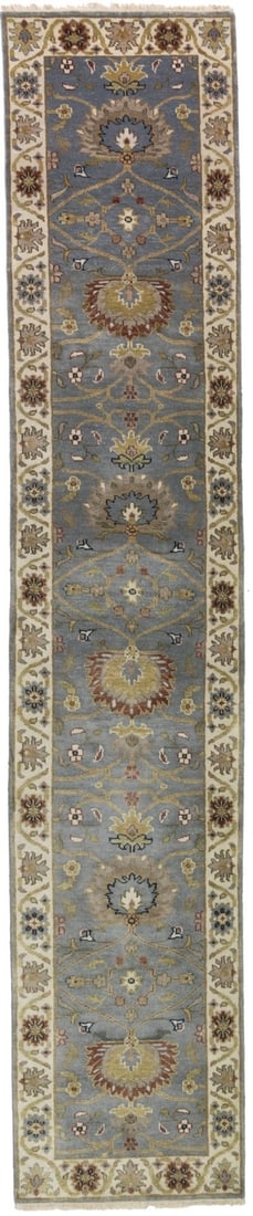 Hand Knotted Wool Floral Runner Rug 2'5 x 12'0: Hand Knotted Wool Floral Runner Rug 2'5 x 12'0 This Muted Floral Peshawar Osh Chobi runner rug features a traditional hand-knotted design with a modern floral pattern. The rug is crafted from wool and
