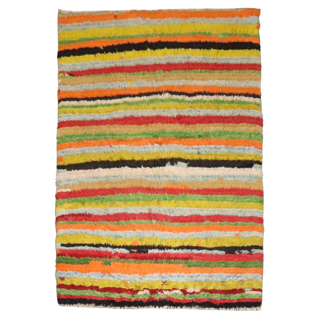 Mid-20th Century Striped Turkish Tulu Carpet Angora Wool Bohemian: Mid-20th Century Striped Turkish Tulu Carpet Angora Wool Bohemian Discover the charm of this striped vintage Turkish Tulu carpet, a vibrant piece that effortlessly enhances any bohemian decor. Hand-kn