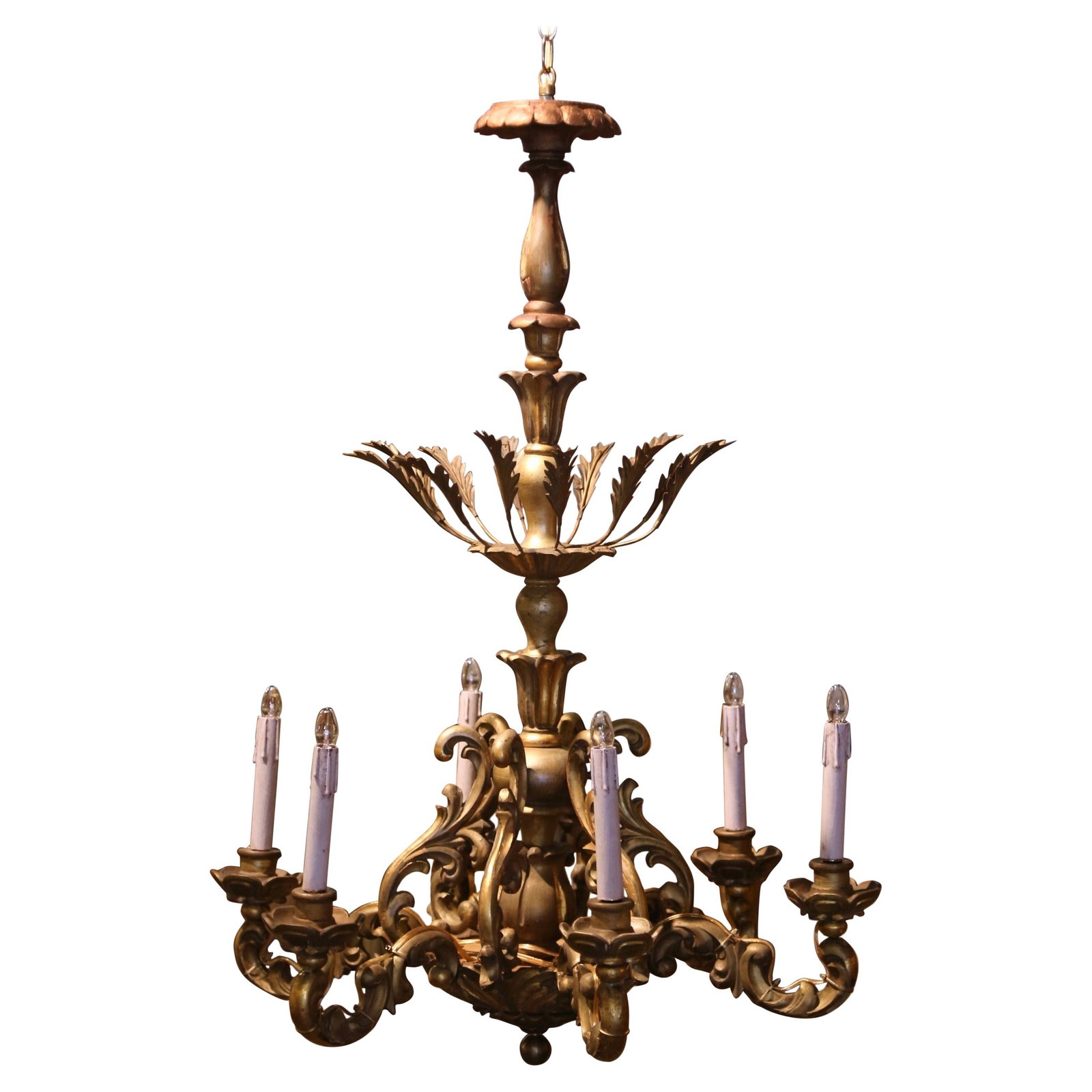 Antique French Rococo Giltwood Six-Light Chandelier Set of 2: Antique French Rococo Giltwood Six-Light Chandelier Set of 2 Illuminate your space with this exquisite Early 20th Century French Rococo Carved Giltwood Six-Light Chandelier. Crafted in France around 1