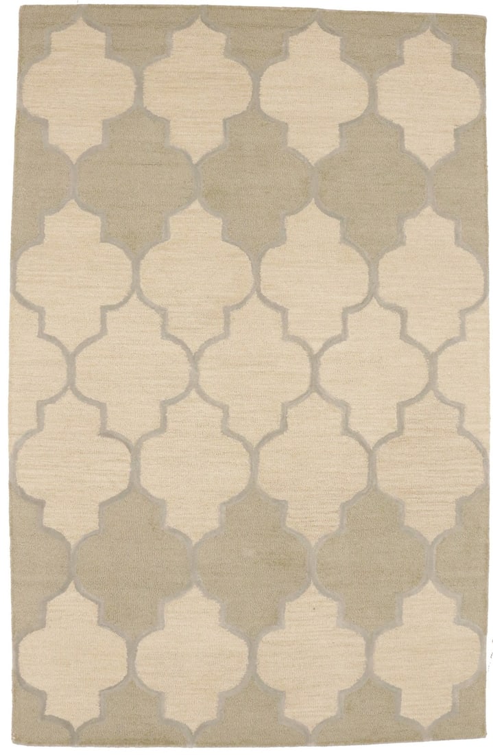 5x8 Wool Modern Trellis Area Rug in Cream and Beige Hand-Tufted: 5x8 Wool Modern Trellis Area Rug in Cream and Beige Hand-Tufted This hand-tufted area rug features a beige and cream trellis pattern, offering a plush and modern accent for your living room or home of