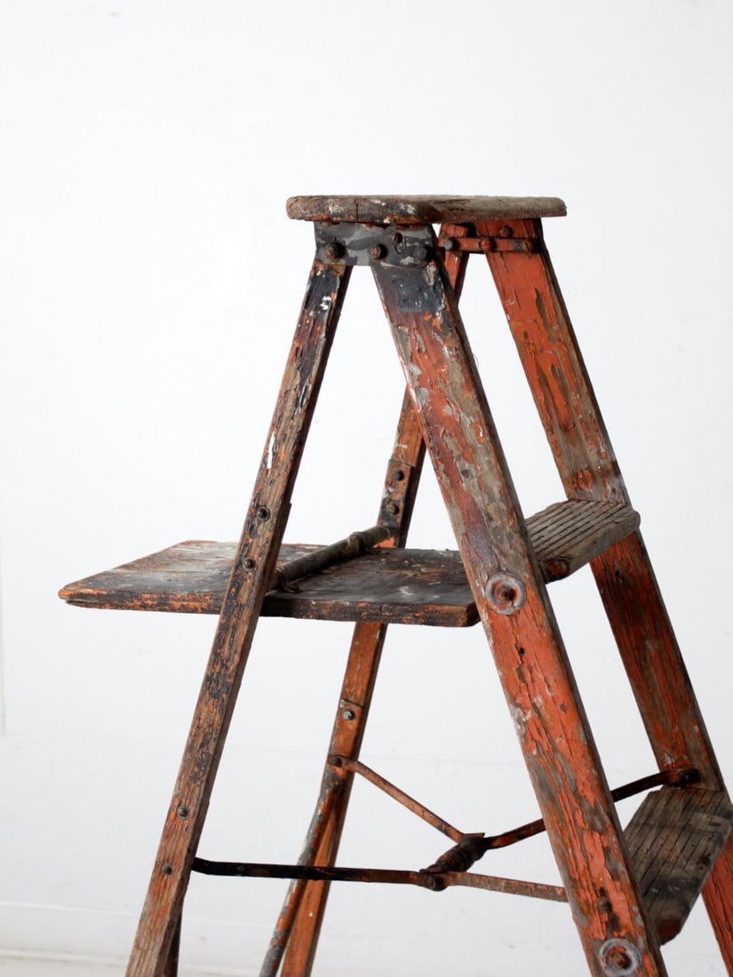 Early 20th Century A Frame Wooden Step Ladder with Back Shelf (1 of 11)