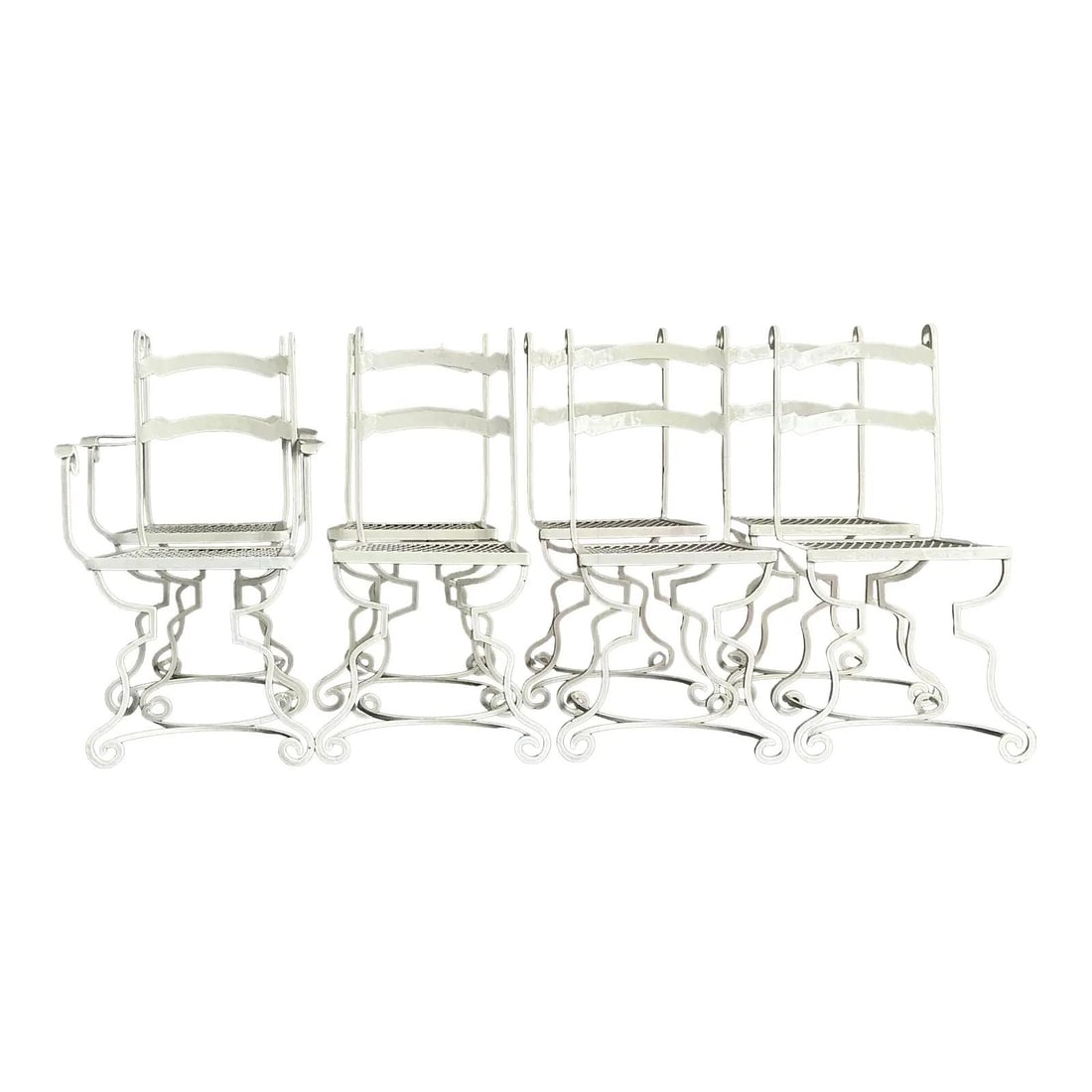 Set of 8 White Wrought Iron Scrollwork Patio Dining Chairs: Set of 8 White Wrought Iron Scrollwork Patio Dining Chairs This set of eight vintage dining chairs features wrought iron construction with elegant scrollwork and a white painted finish. The chairs inc
