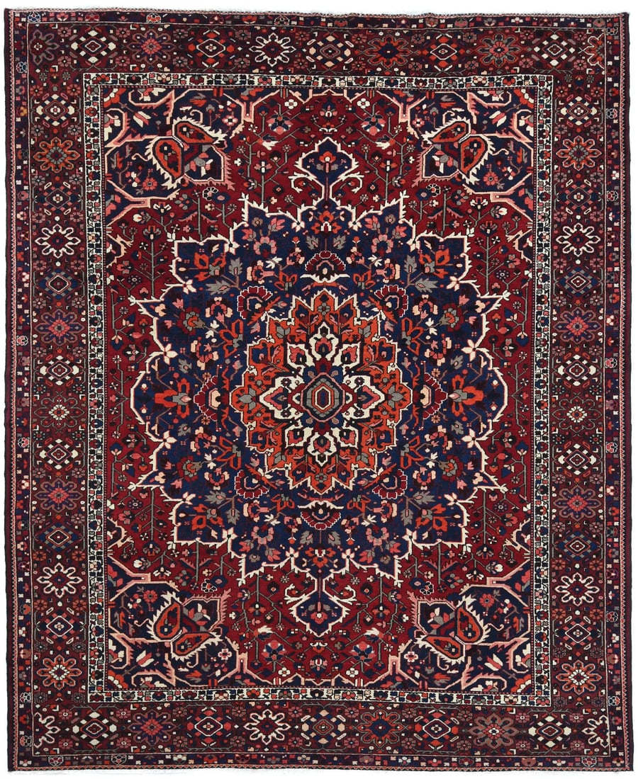 Vintage Hand-Knotted Wool Floral Area Rug 9'10 x 12'0 Red Cream Navy: Vintage Hand-Knotted Wool Floral Area Rug 9'10 x 12'0 Red Cream Navy Enhance your living space with this stunning vintage hand-knotted wool rug, featuring a vibrant floral pattern in shades of red, ma