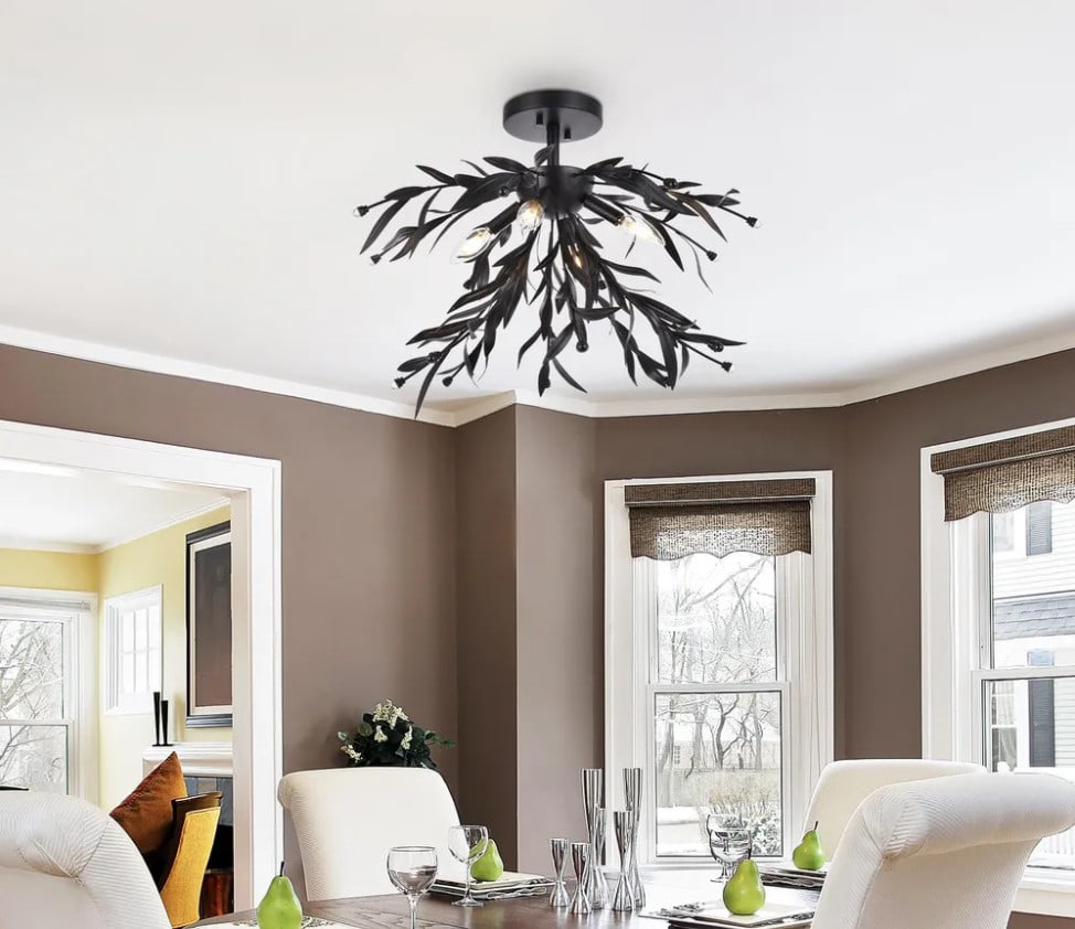 Living District 4 Light Black Glass Semi Flush Chandelier 23 inch: Living District 4 Light Black Glass Semi Flush Chandelier 23 inch This semi flush mount chandelier features a modern black finish with clear royal cut glass accents, designed to enhance a variety of i