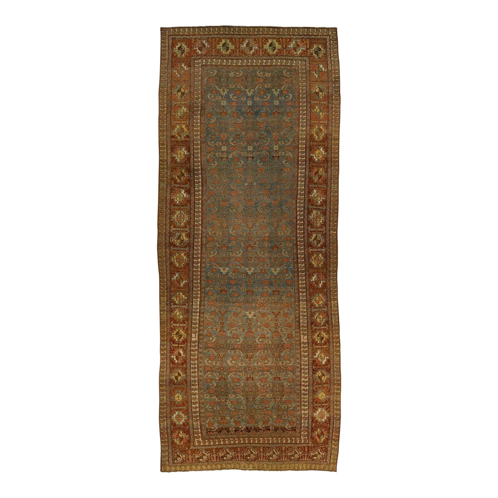 Antique Bidjar Wool Runner Blue 7'3 x 17'10 Floral Design: Antique Bidjar Wool Runner Blue 7'3 x 17'10 Floral Design This exquisite antique Persian Bidjar runner features a vibrant blue field adorned with a stunning allover floral motif. Hand-knotted from hig