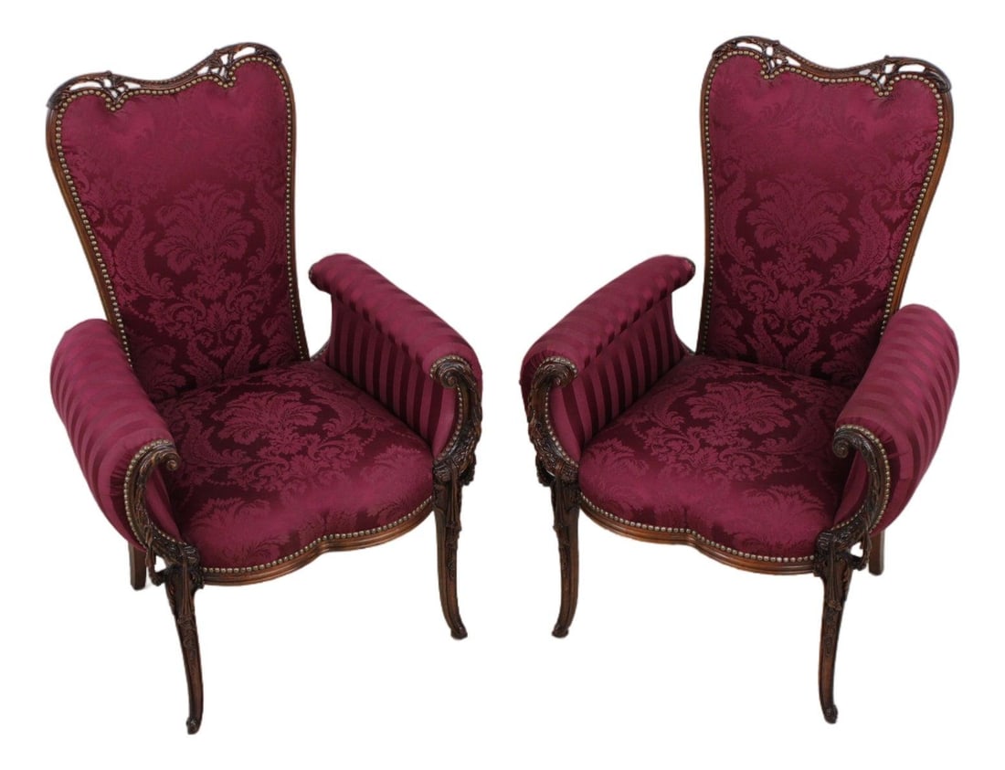 Set of Two Louis XV Style Mahogany Armchairs with Damask Upholstery (1 of 10)