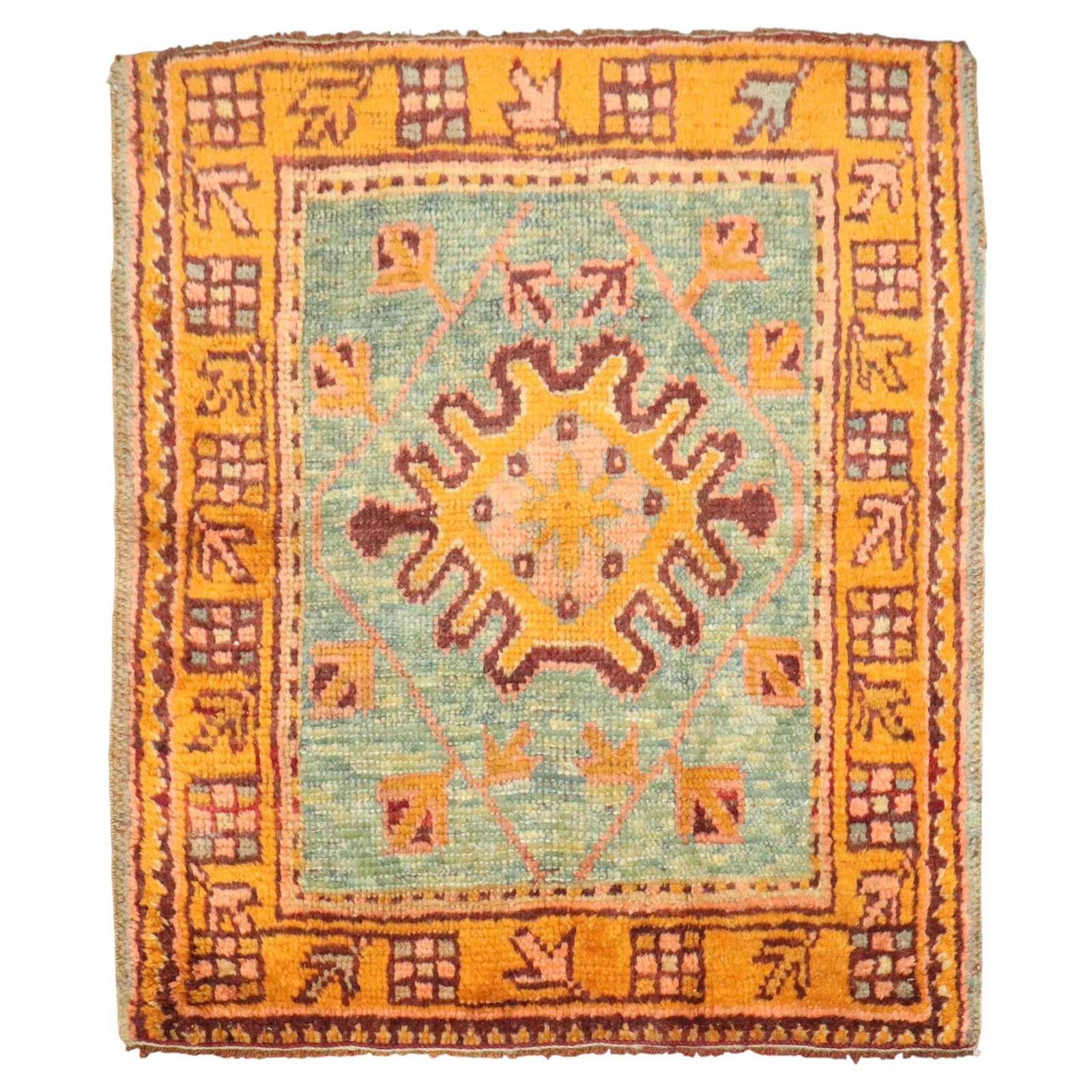 2'11'' x 3'2'' Antique Turkish Oushak Square Wool Rug: 2'11'' x 3'2'' Antique Turkish Oushak Square Wool Rug A small antique square Turkish Oushak rug from the early 20th century, hand-woven in wool. It is described as an Adirondack style piece with origi