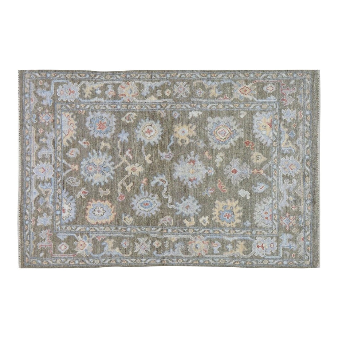 Slate Gray Wool Oushak Rug Hand Knotted Turkish 4'1 x 6': Slate Gray Wool Oushak Rug Hand Knotted Turkish 4'1 x 6' This Turkish Oushak hand-knotted wool rug is crafted using traditional techniques, offering a blend of classic artistry and modern design. Its 