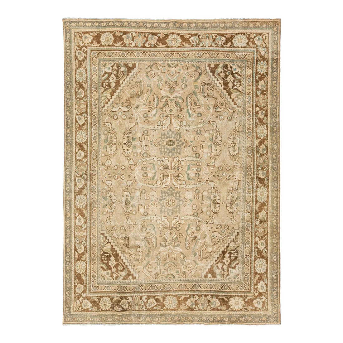 1930s Handmade Beige Mahal Persian Wool Rug Floral Design 7'2 x 10'1: 1930s Handmade Beige Mahal Persian Wool Rug Floral Design 7'2 x 10'1 This exquisite 1930s Beige Mahal Persian rug is hand-knotted from high-quality wool, showcasing a beautiful floral pattern in elega
