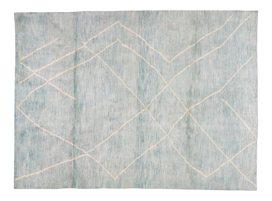 5'9" x 7'10" Beni Ourain Wool Rug Contemporary Moroccan Hand Knotted Blue: 5'9" x 7'10" Beni Ourain Wool Rug Contemporary Moroccan Hand Knotted Blue This Moroccan Beni Ourain rug is hand-knotted from wool and features natural colors, a soft texture, and a contemporary style.