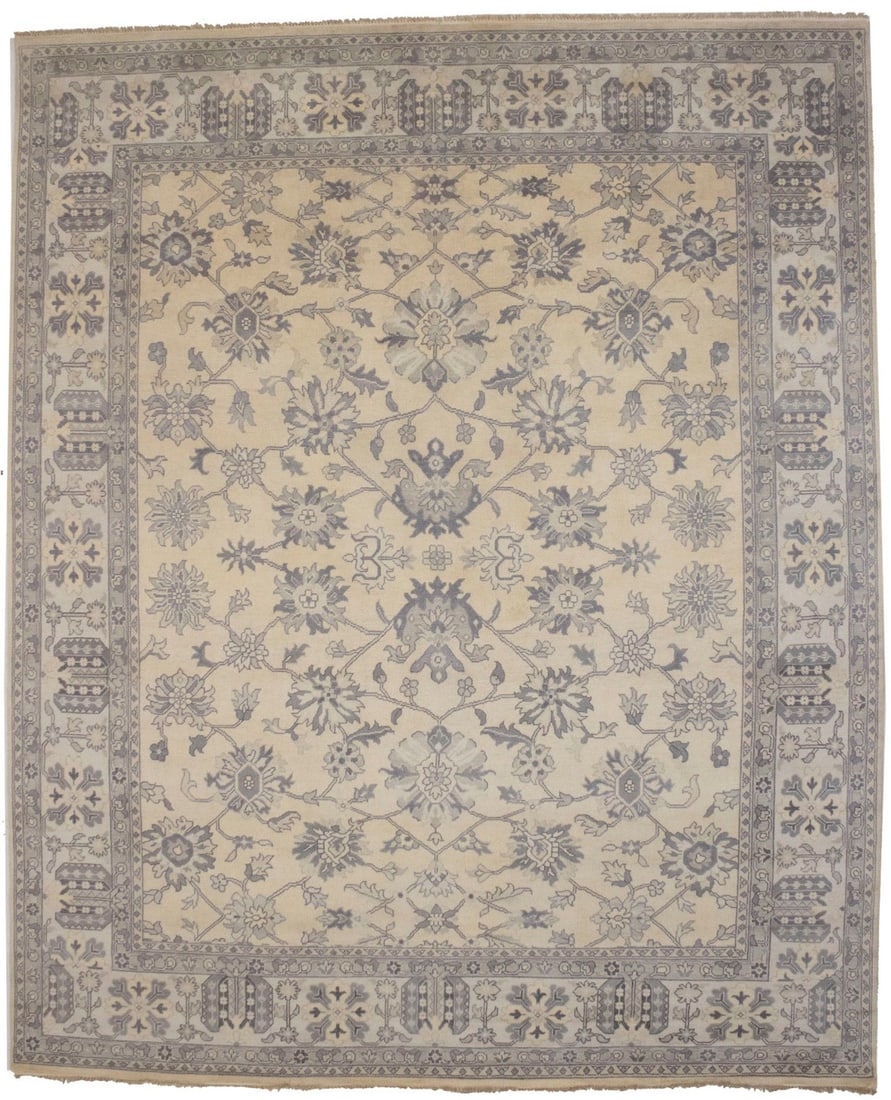 Handmade Floral Oushak Rug 14'8 x 12'1 Wool Cream Gray: Handmade Floral Oushak Rug 14'8 x 12'1 Wool Cream Gray Enhance your space with this stunning Handmade Oversized Vanilla Cream Oushak Oriental Rug, measuring 14'8" x 12'1". Crafted in India, this hand-