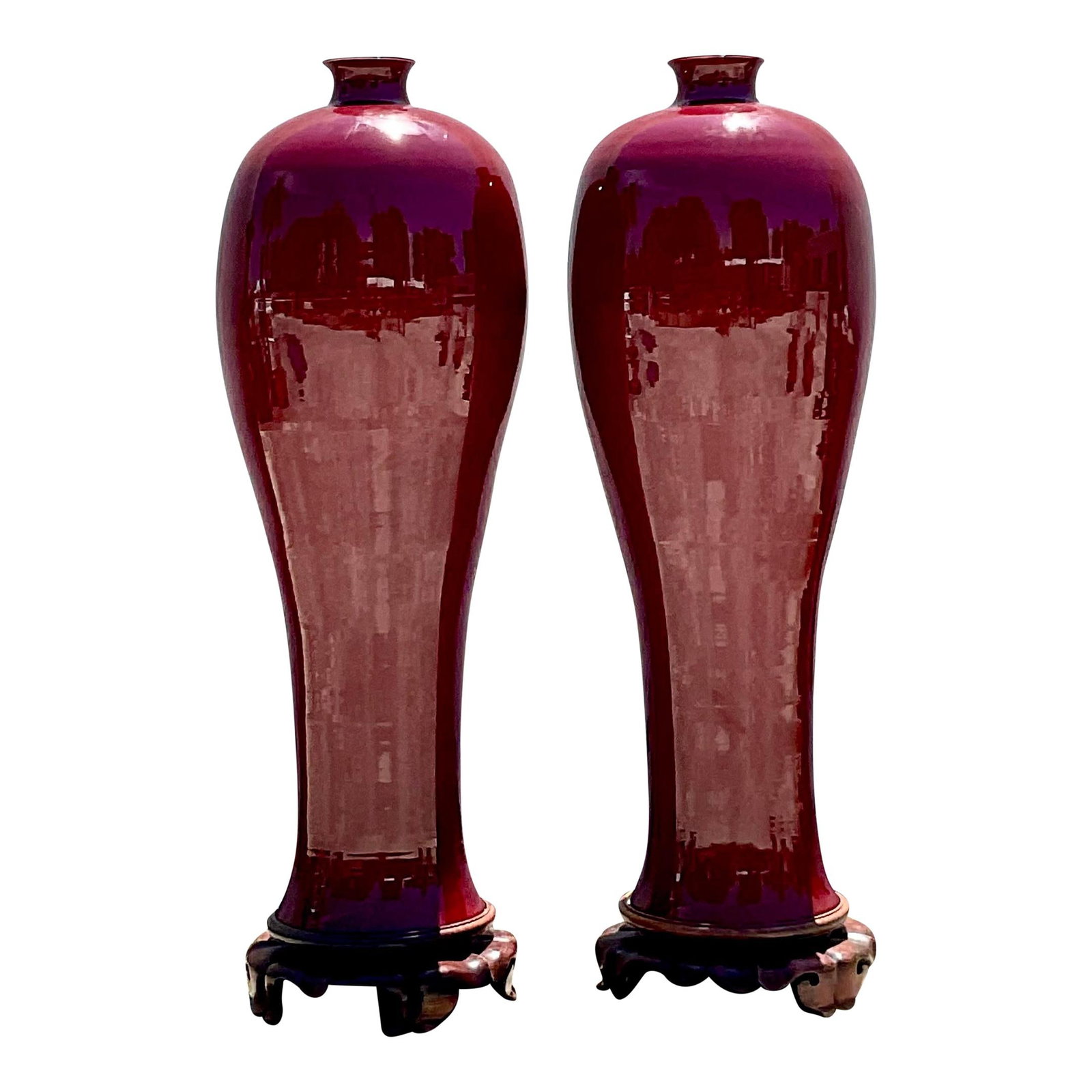 Monumental Pair of Vintage Boho Sang De Bouf Ceramic Vases: Monumental Pair of Vintage Boho Sang De Bouf Ceramic Vases This stunning pair of vintage Boho vases showcases a monumental design in the "Sang de Bouf" style. They feature a rich deep merlot color and