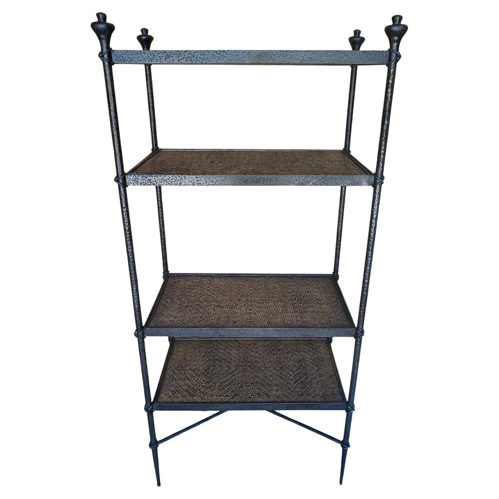 French Modern Forged Bronze Rattan Etagere Sculptural Design 75in: French Modern Forged Bronze Rattan Etagere Sculptural Design 75in Introducing a stunning French Modern-style etagere, expertly crafted from forged bronzed metal and finely woven rattan, showcasing a s