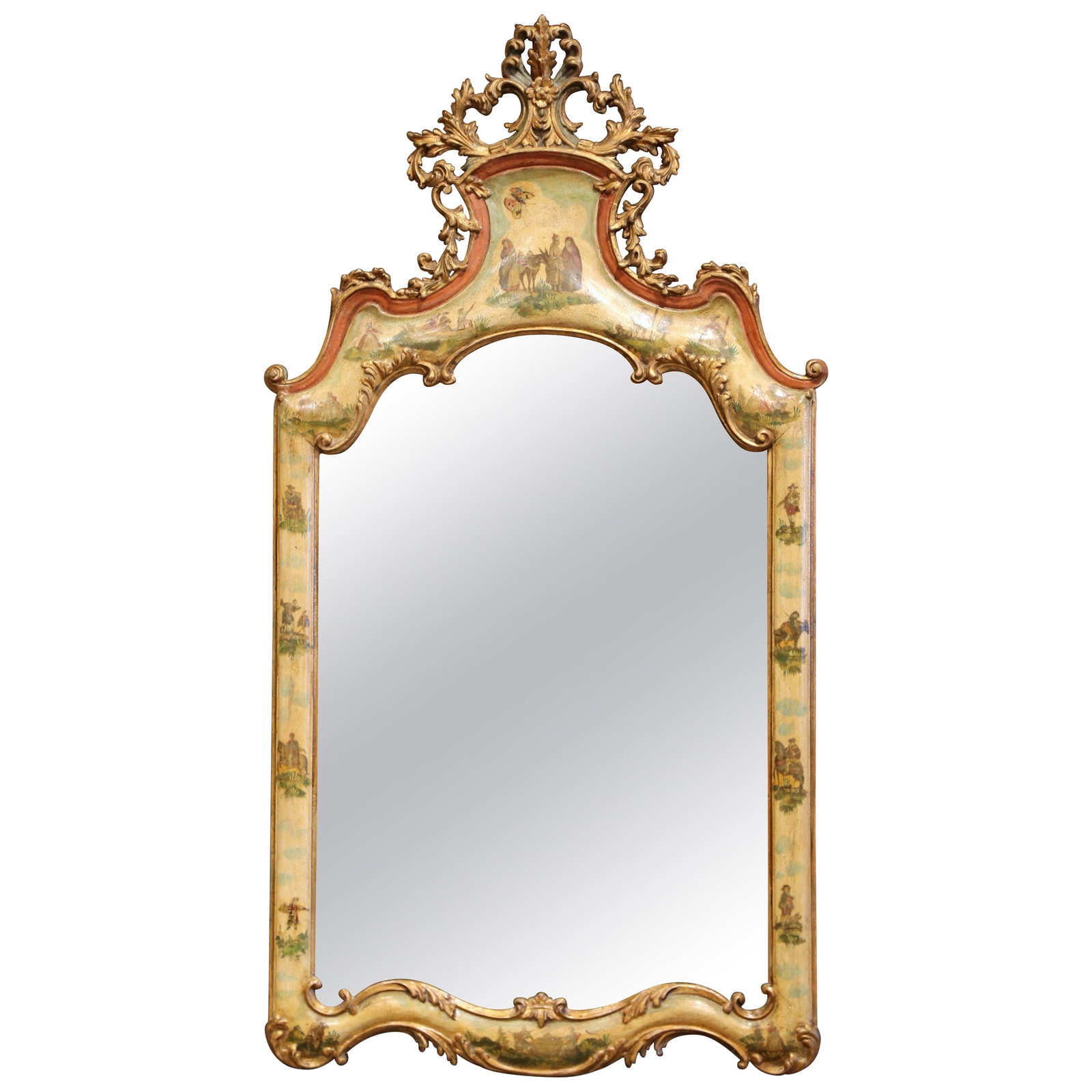 19th Century Italian Rococo Giltwood Wall Mirror with Hand-Painted Details: 19th Century Italian Rococo Giltwood Wall Mirror with Hand-Painted Details Enhance your space with this exquisite 19th Century Italian Louis XV Style Gilt and Painted Rococo Wall Mirror. Crafted in It