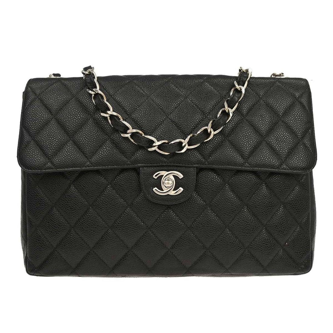 CHANEL Jumbo Classic Flap Shoulder Bag Black Calfskin Leather: CHANEL Jumbo Classic Flap Shoulder Bag Black Calfskin Leather Chanel Jumbo Classic Flap shoulder bag in black caviar skin leather with logo accents and a shoulder strap. This large women's bag feature