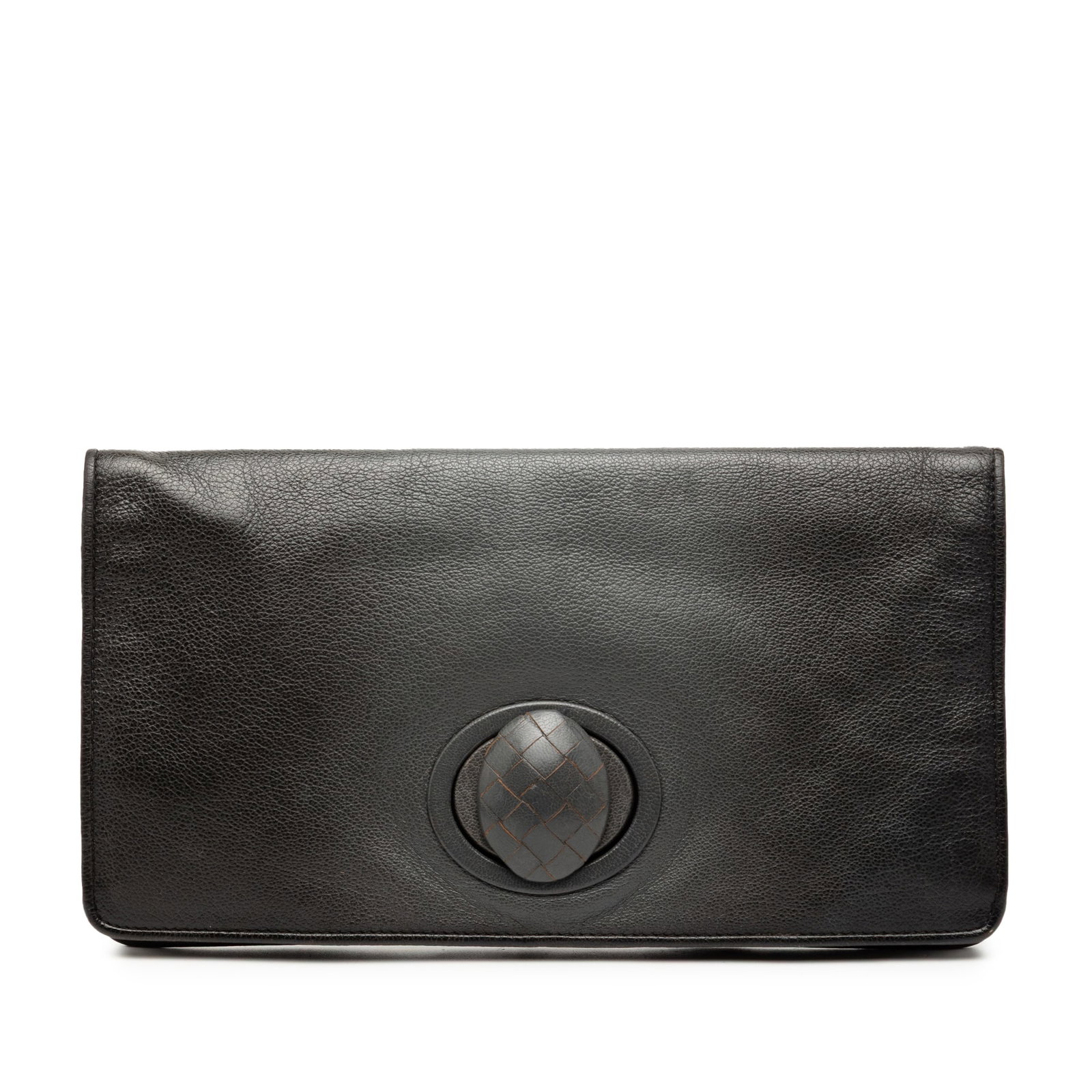 Black Leather Woven Clutch Bag with Turn Lock by Bottega Veneta: Black Leather Woven Clutch Bag with Turn Lock by Bottega Veneta This Bottega Veneta clutch showcases a woven leather exterior in black, featuring a front flap secured by a turn lock closure and an int