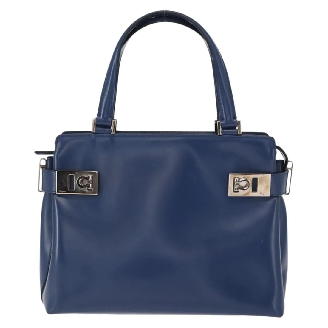 Blue Leather Tote by Salvatore Ferragamo Double Gancini Side Buckle: Blue Leather Tote by Salvatore Ferragamo Double Gancini Side Buckle This Salvatore Ferragamo Double Gancini Side Buckle Tote is crafted from blue leather and designed for women. The handbag features s