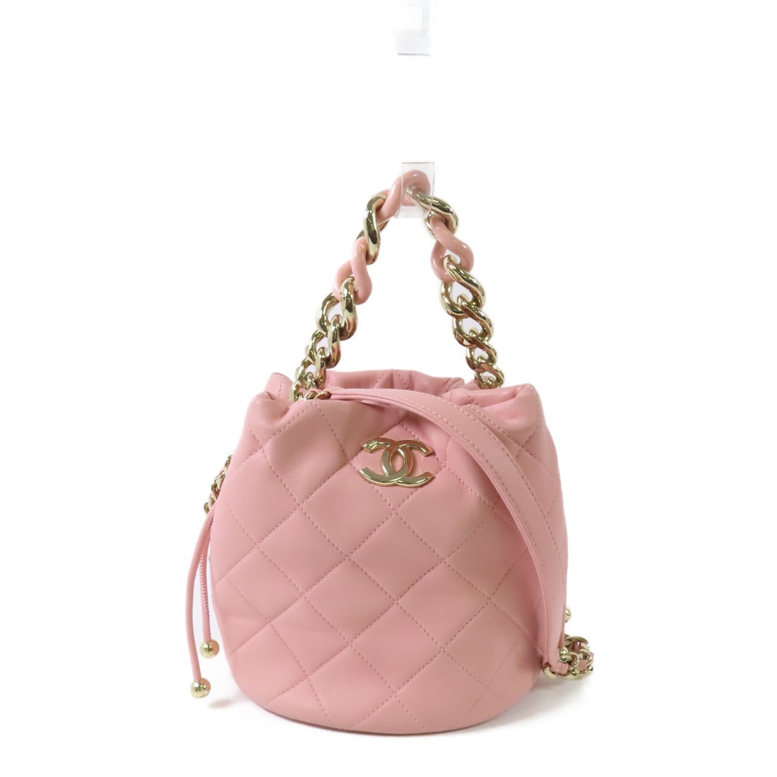 CHANEL Pink Calfskin CC GHW Drawstring Bucket 2Way Shoulder Bag: CHANEL Pink Calfskin CC GHW Drawstring Bucket 2Way Shoulder Bag This CHANEL 2-way shoulder bag features a drawstring bucket design and can be carried as either a shoulder or hand bag. Crafted from lux