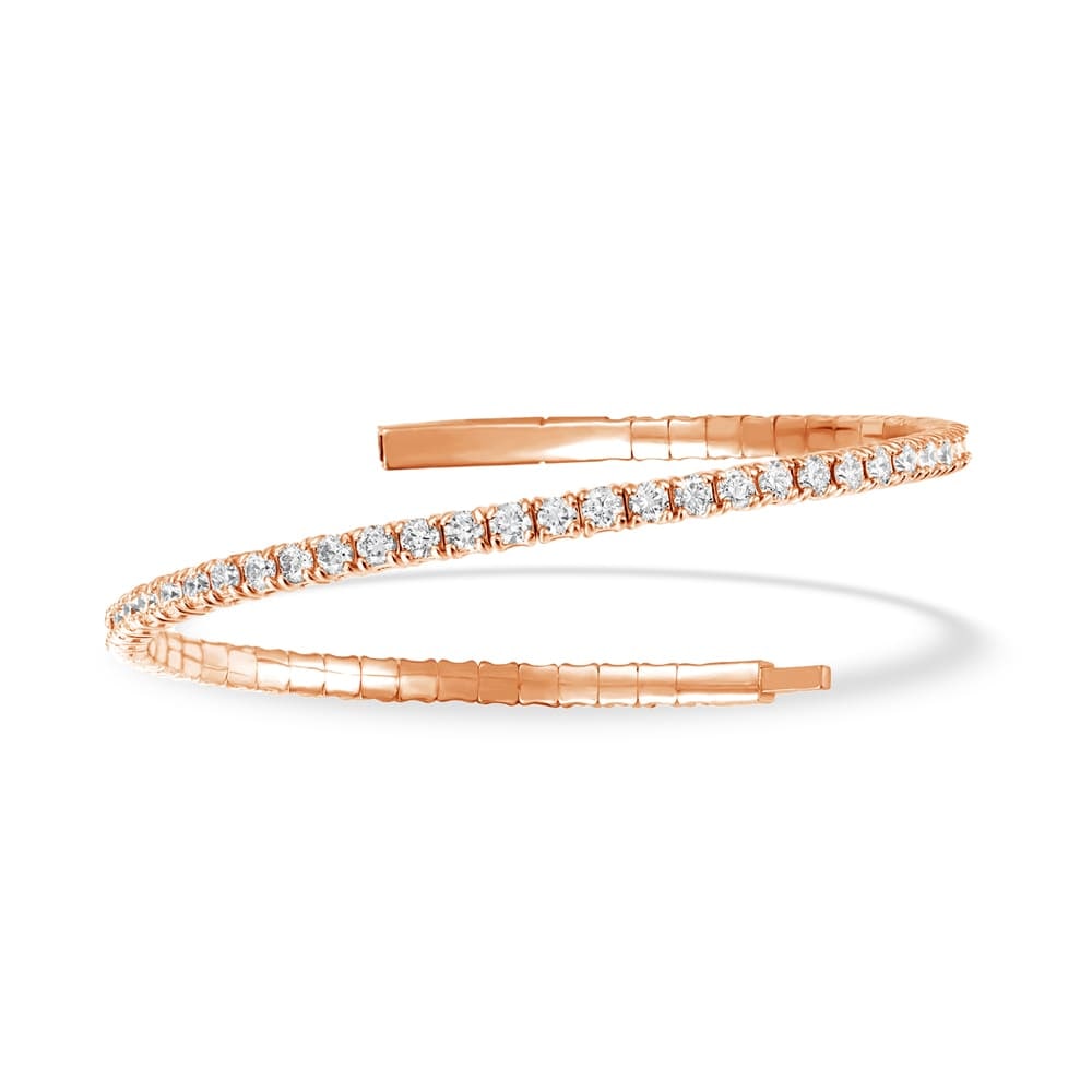 Lab Grown Diamond 4 Ct.Tw. Half Way Flexible Bangle in 14K Rose Gold (Size 6.75): Lab Grown Diamond 4 Ct.Tw. Half Way Flexible Bangle in 14K Rose Gold (Size 6.75) This 14K Rose Gold half-way flexible bangle features lab grown diamonds totaling 4 Ct.Tw. (Size 6.75), offering bold pa