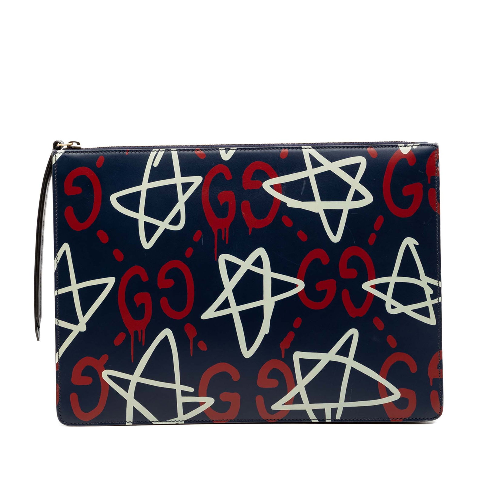 Gucci Ghost leather wristlet clutch blue: Gucci Ghost leather wristlet clutch blue This Gucci Ghost clutch is crafted from printed leather in blue and features a detachable flat wrist strap, a top zip closure, and an interior zip pocket. Made