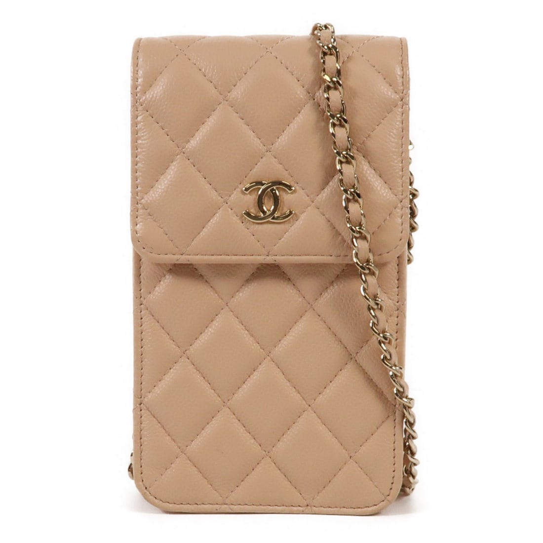CHANEL beige calfskin chain shoulder bag CC GHW: CHANEL beige calfskin chain shoulder bag CC GHW This CHANEL shoulder bag features a beige calfskin leather exterior and is designed with a compact silhouette, making it suitable for carrying a phone a