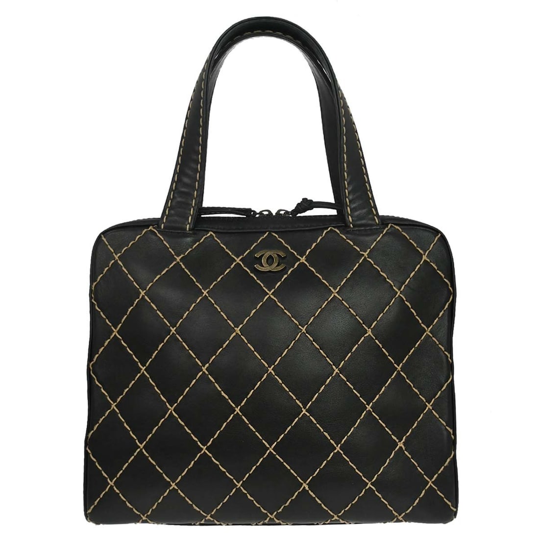 CHANEL Wild Stitch black calfskin top handle handbag: CHANEL Wild Stitch black calfskin top handle handbag Chanel Wild Stitch handbag in black calfskin leather with a quilted design and top handle. This medium handbag features a zip closure, nylon lining