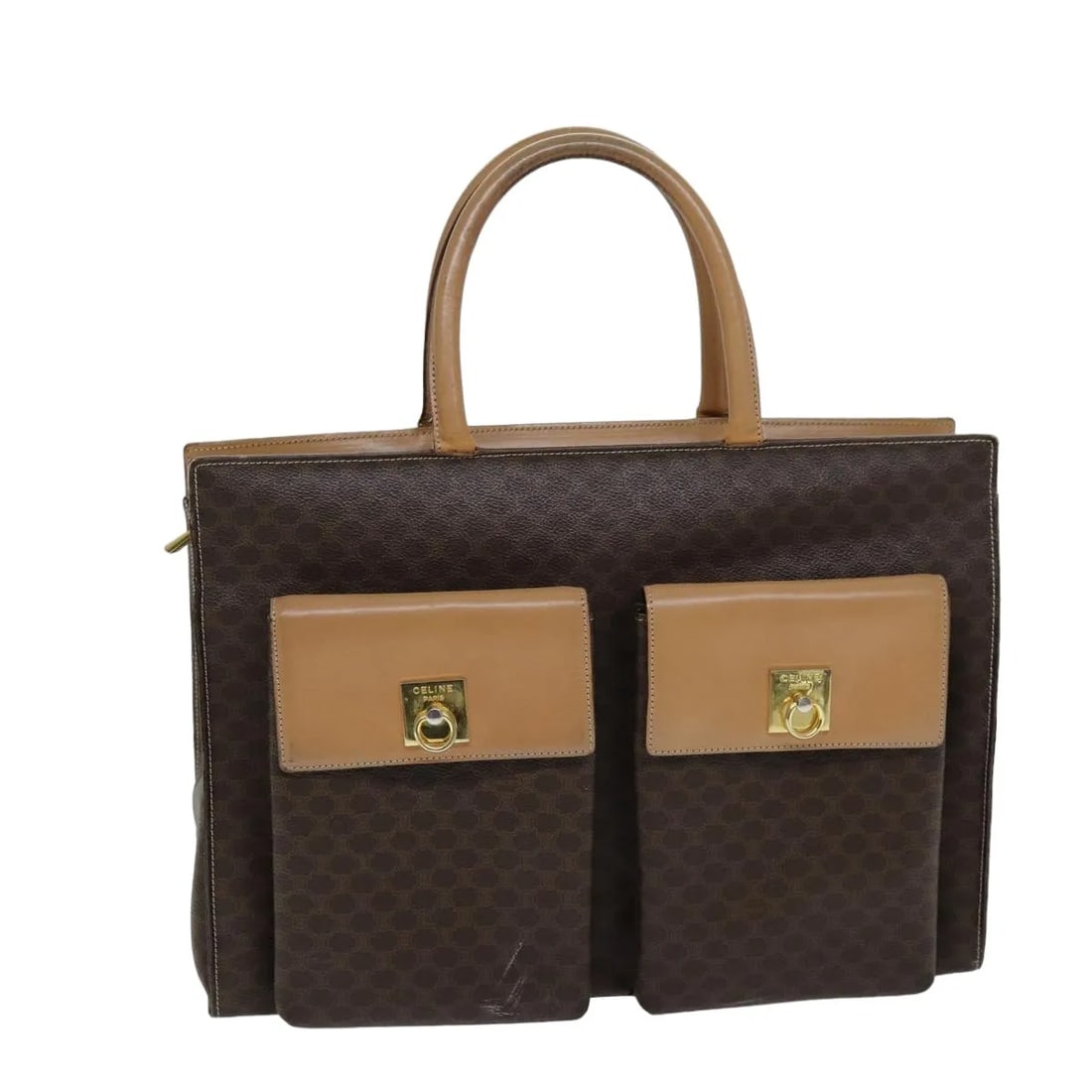 Celine Macadam canvas tote bag vintage brown: Celine Macadam canvas tote bag vintage brown This Celine Vintage Macadam tote bag features the iconic brown canvas with leather accents. Designed for women, the bag showcases the classic Macadam patte