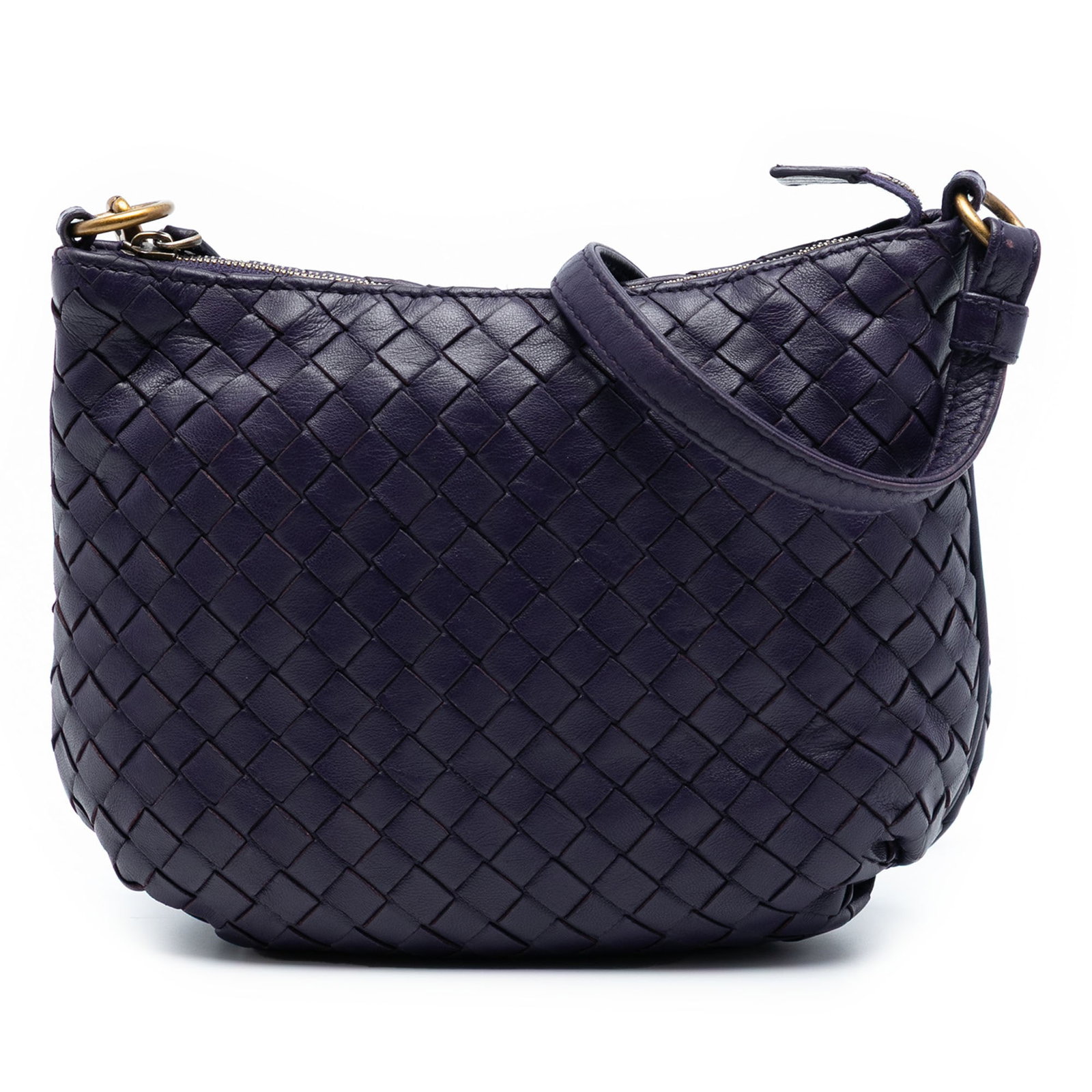Purple Nappa Leather Woven Crossbody Bag by Bottega Veneta: Purple Nappa Leather Woven Crossbody Bag by Bottega Veneta This Bottega Veneta Nappa Intrecciato Crossbody features a woven nappa leather exterior in purple, complemented by a flat leather shoulder st