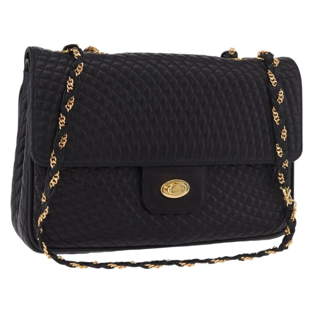 BALLY Black Leather Shoulder Bag with Gold Chain Made in Italy: BALLY Black Leather Shoulder Bag with Gold Chain Made in Italy BALLY black leather shoulder bag with a chain strap and gold-tone accents. Made in Italy, this women's shoulder bag is offered without th