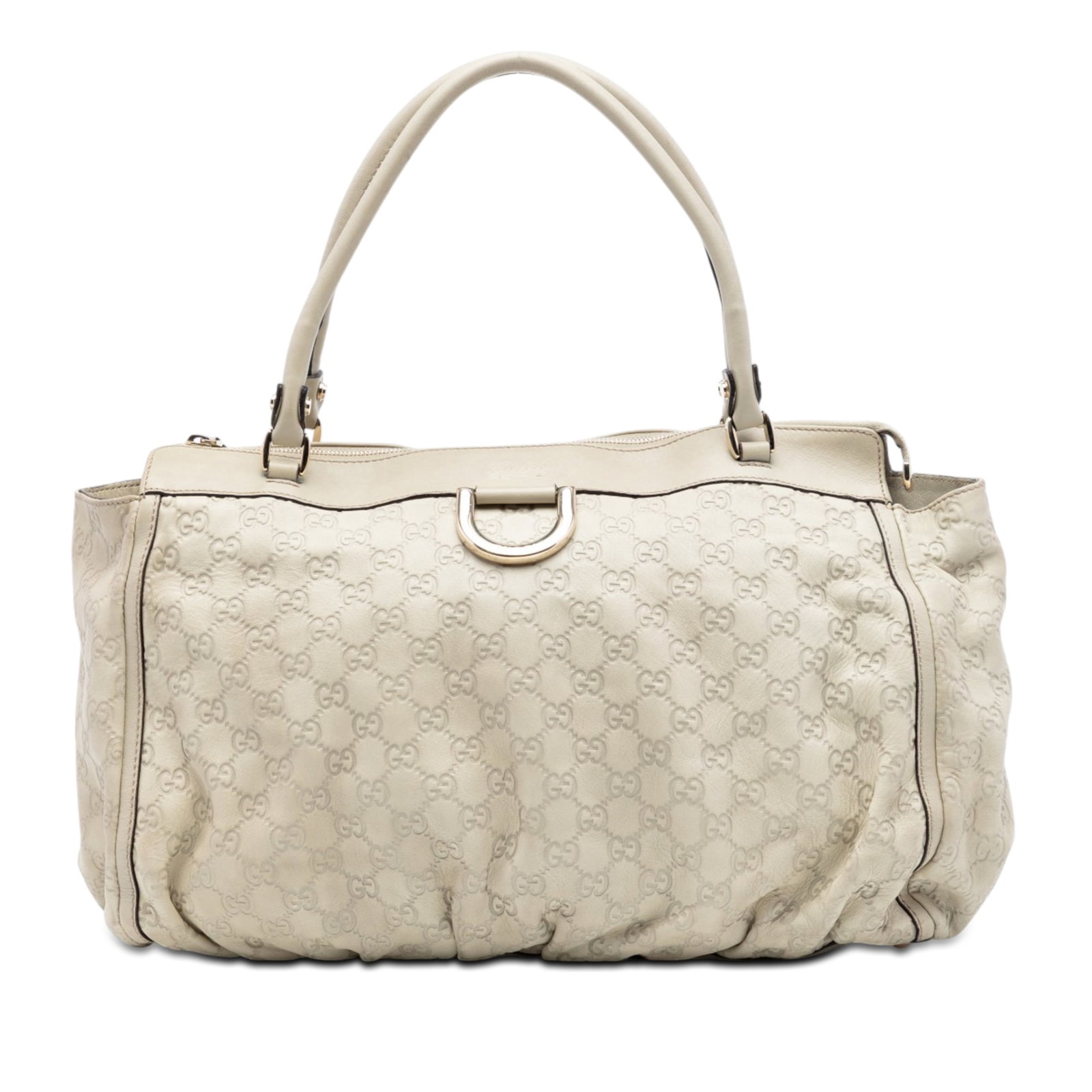 Gucci beige leather Abbey D Ring tote: Gucci beige leather Abbey D Ring tote This Guccissima Abbey D Ring Tote features a beige leather body with rolled leather handles and a top zip closure. The bag offers both interior zip and slip pocke