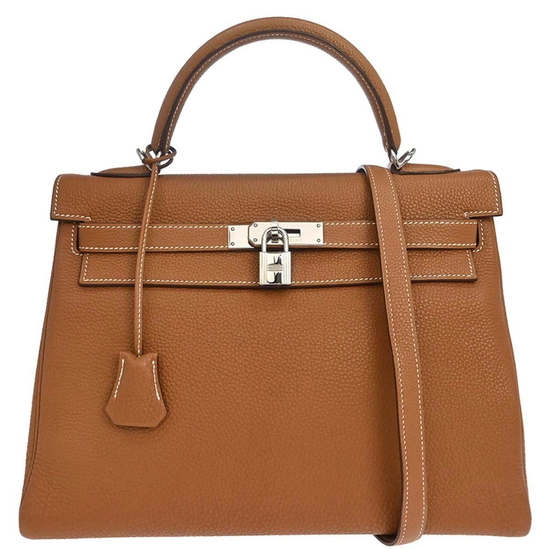 Hermes Kelly 32 Retourne Gold Togo Leather Top Handle Bag: Hermes Kelly 32 Retourne Gold Togo Leather Top Handle Bag Hermes Kelly 32 Retourne 2-way handbag in gold Togo leather with a turn-lock flap closure, top handle, and detachable shoulder strap. This med