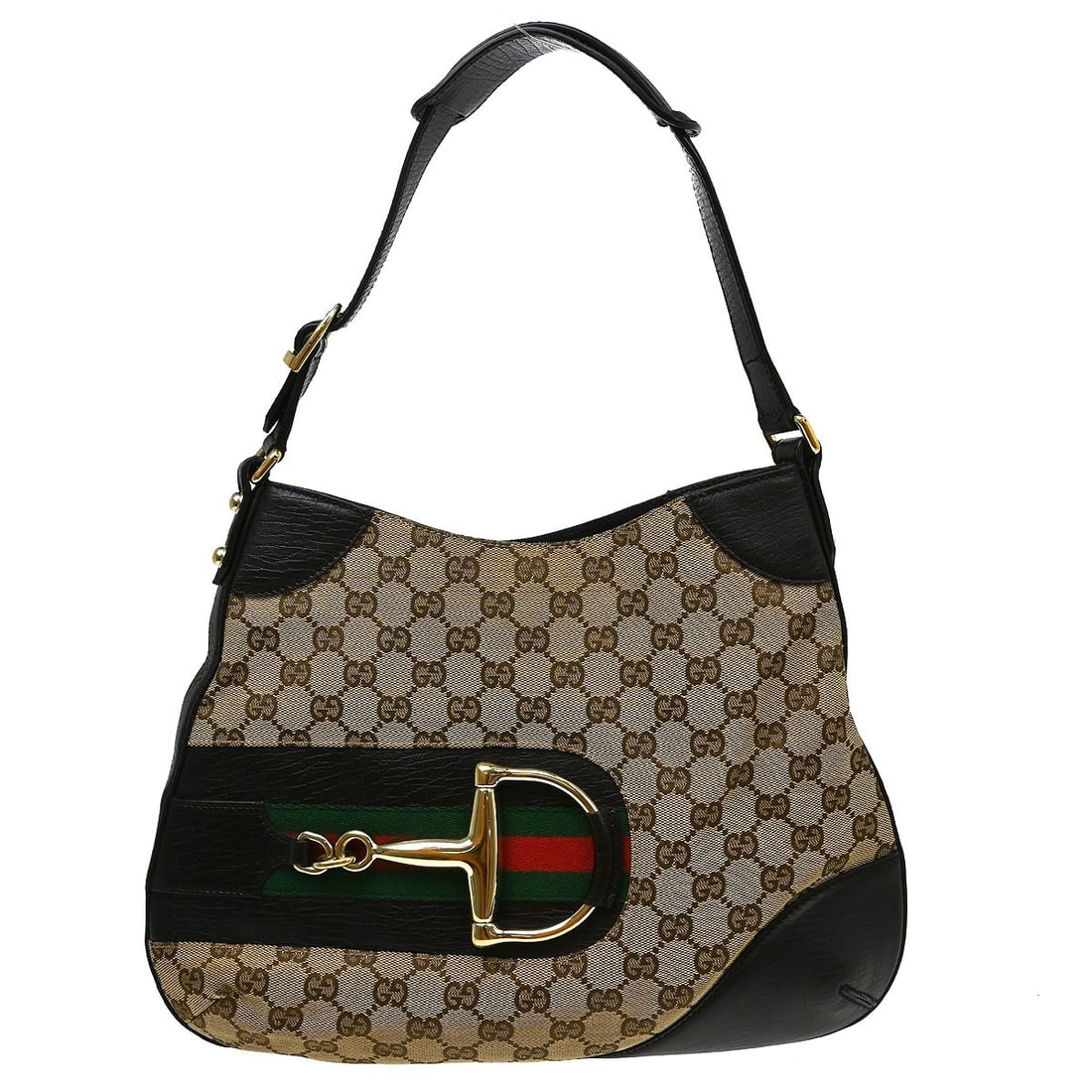 Gucci 137388 001018 GG Canvas Horsebit Sherry Shoulder Bag Brown: Gucci 137388 001018 GG Canvas Horsebit Sherry Shoulder Bag Brown Gucci GG Canvas Sherry Horsebit shoulder bag in brown and beige canvas with leather trim and the signature green and red web detail. Th