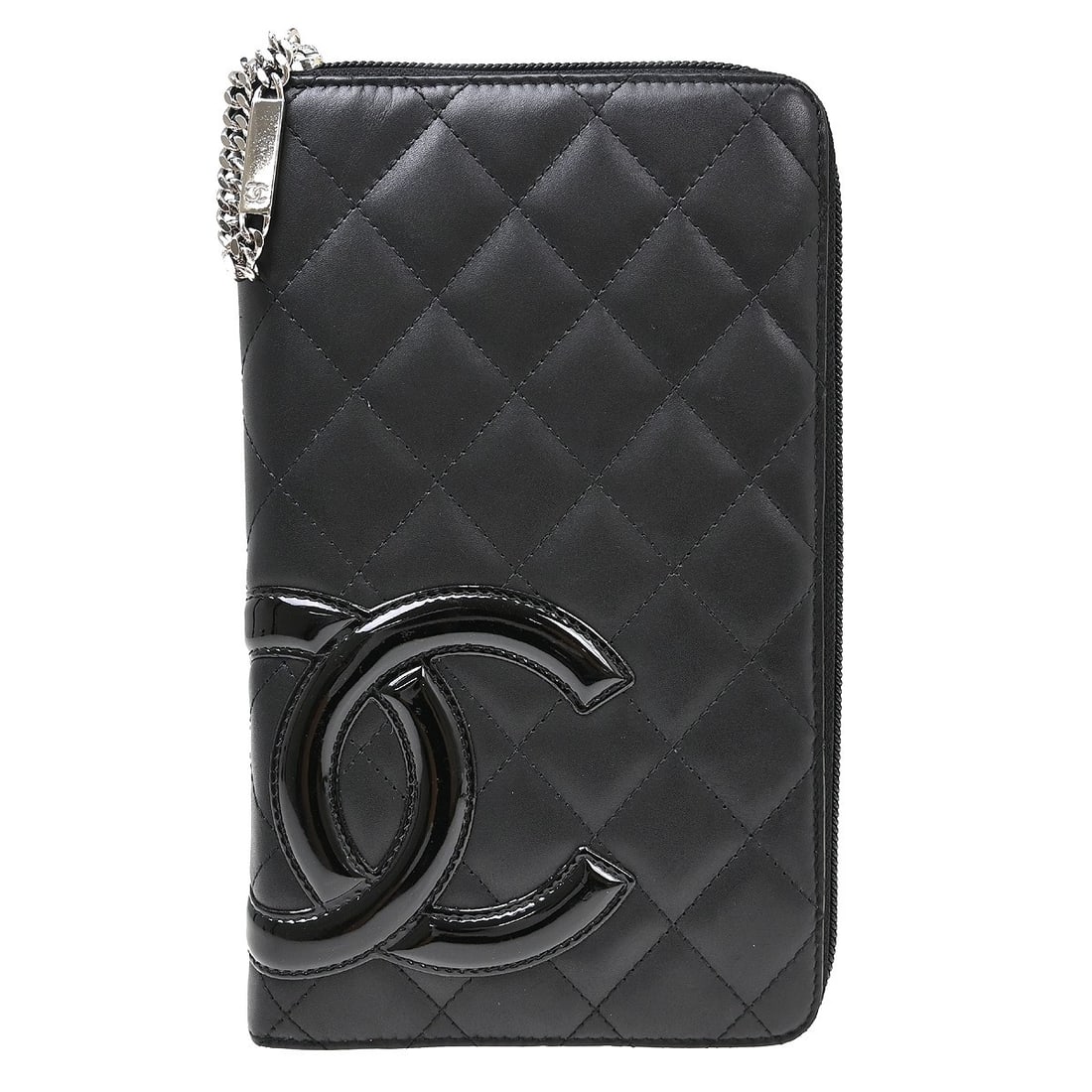 CHANEL Cambon Ligne black calfskin wallet with chain: CHANEL Cambon Ligne black calfskin wallet with chain Chanel Cambon Ligne wallet purse in black calfskin and patent leather with a folding design. The interior includes a zip pocket, 16 card pockets, a