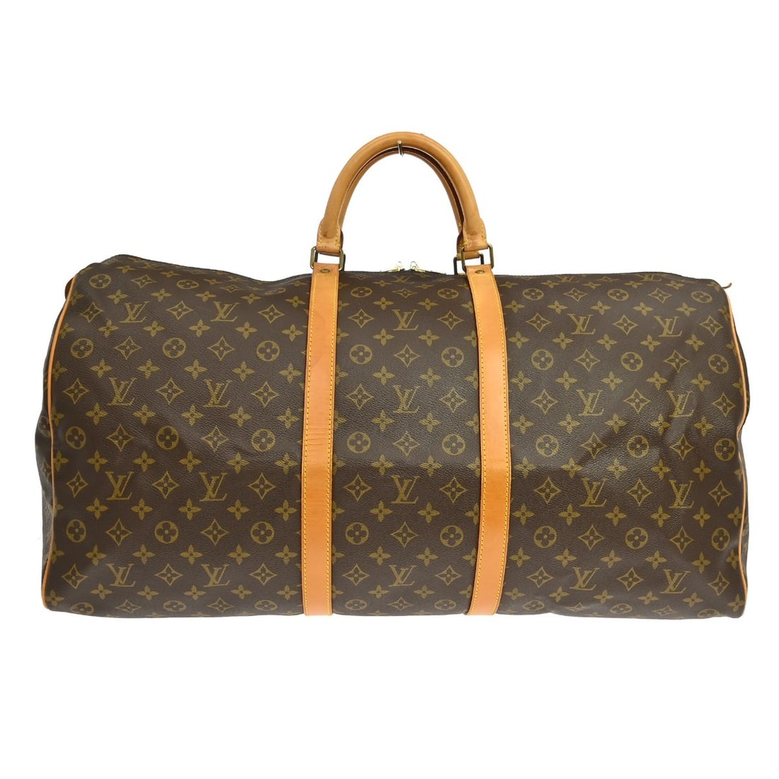 Louis Vuitton Keepall 60 Monogram Canvas Travel Duffle Bag M41422: Louis Vuitton Keepall 60 Monogram Canvas Travel Duffle Bag M41422 Vintage Louis Vuitton Keepall 60 duffle handbag in brown Monogram canvas with leather trim and double handles. This extra large travel
