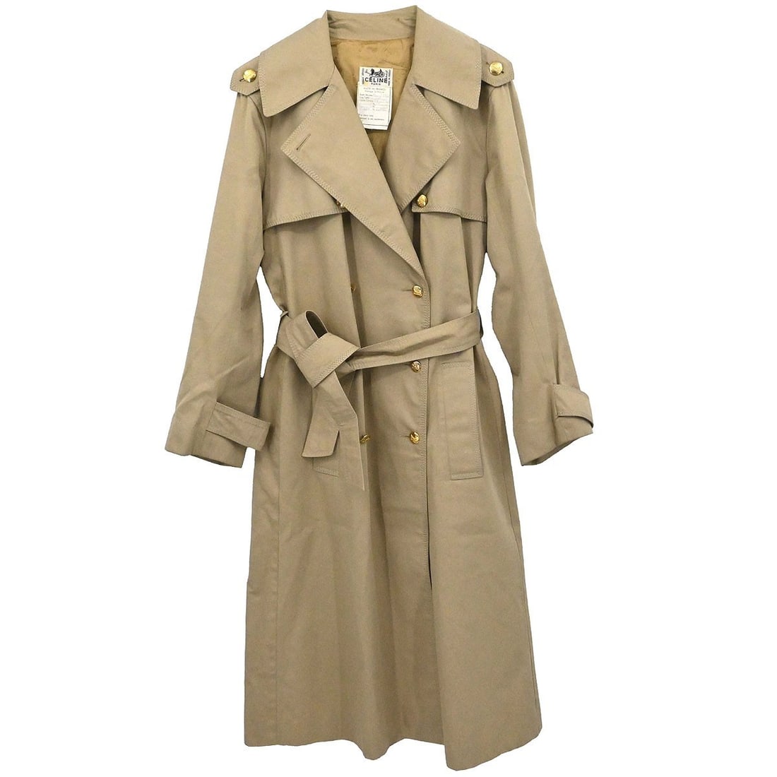 Vintage CELINE Ravel beige cotton trench coat FR 38 France: Vintage CELINE Ravel beige cotton trench coat FR 38 France Vintage women's long overcoat in beige cotton with a collared design and matching belt. This Celine trench-style coat is made in France and f