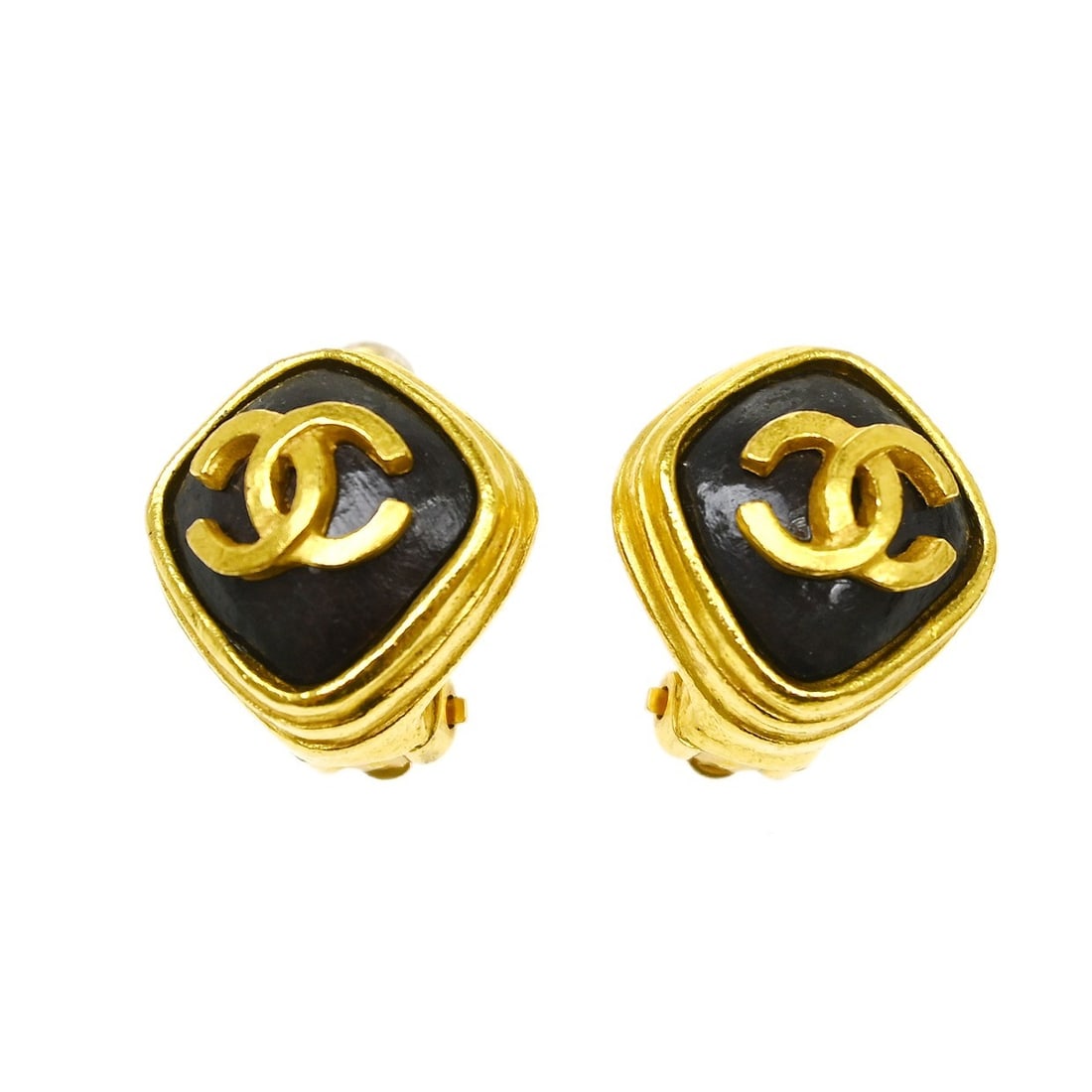 CHANEL 97A Rhombus Button Clip-On Earrings Gold Plated: CHANEL 97A Rhombus Button Clip-On Earrings Gold Plated Clip-on Chanel rhombus button earrings in gold-plated metal with a gold and brown colorway. Made in France, these earrings are marked 97A and are