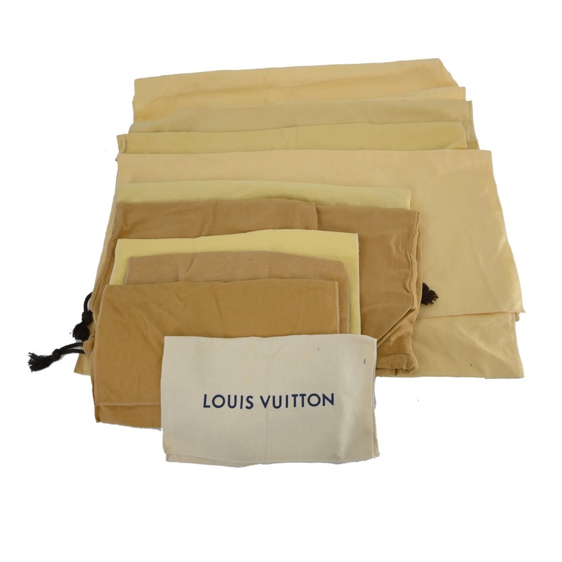 Set of 10 Louis Vuitton Cotton Dustbags Brown Beige: Set of 10 Louis Vuitton Cotton Dustbags Brown Beige Set of 10 Louis Vuitton dust bags in brown and beige cotton. These unisex dust bags show overall signs of use with reasonable wear and tear. Sizes v