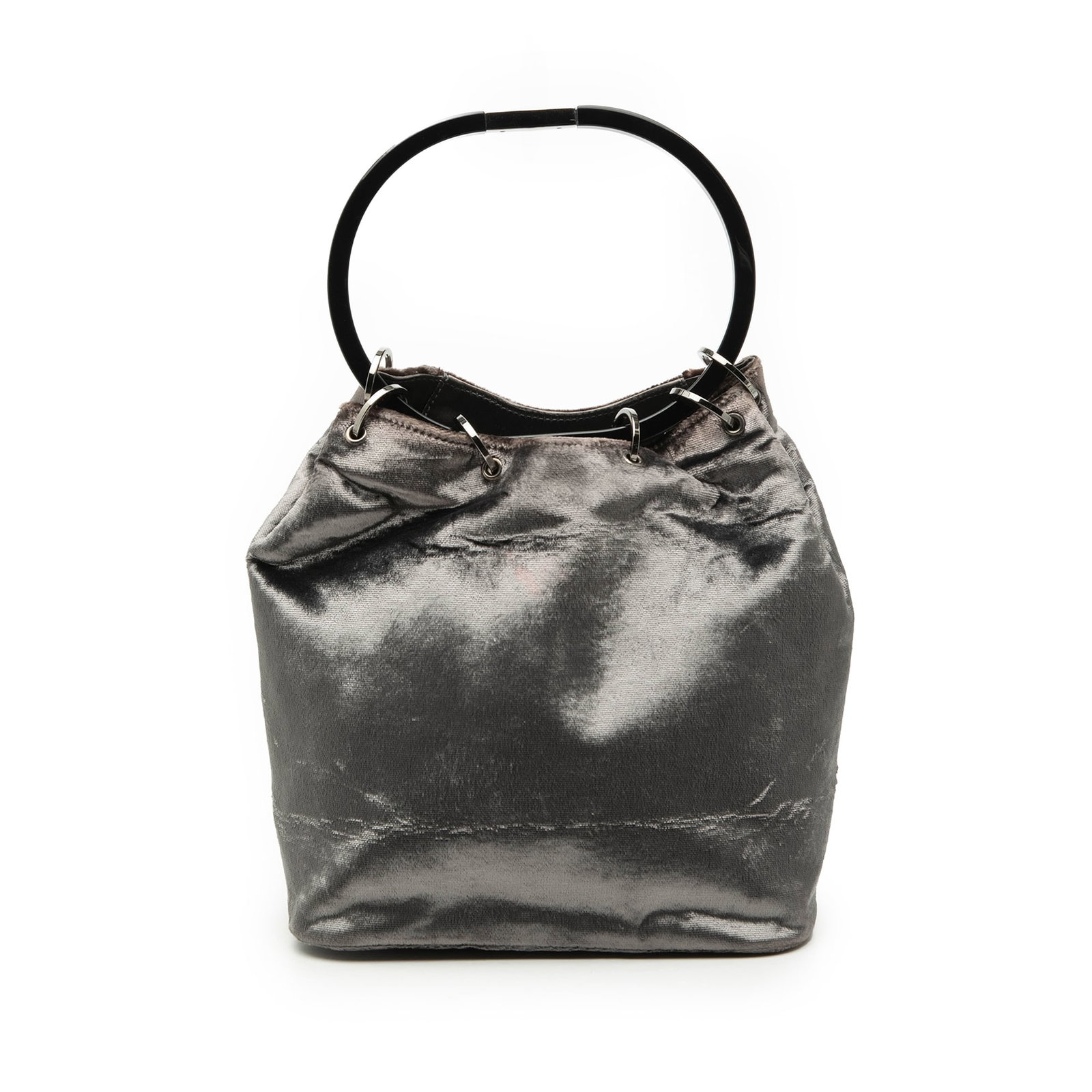 Gucci Velvet Ring Bucket Bag Silver Fabric Italy: Gucci Velvet Ring Bucket Bag Silver Fabric Italy This Gucci Velvet Ring Bucket bag features a luxurious velvet body with a resin hoop handle for a distinctive look. The bag has an open top with a cinc