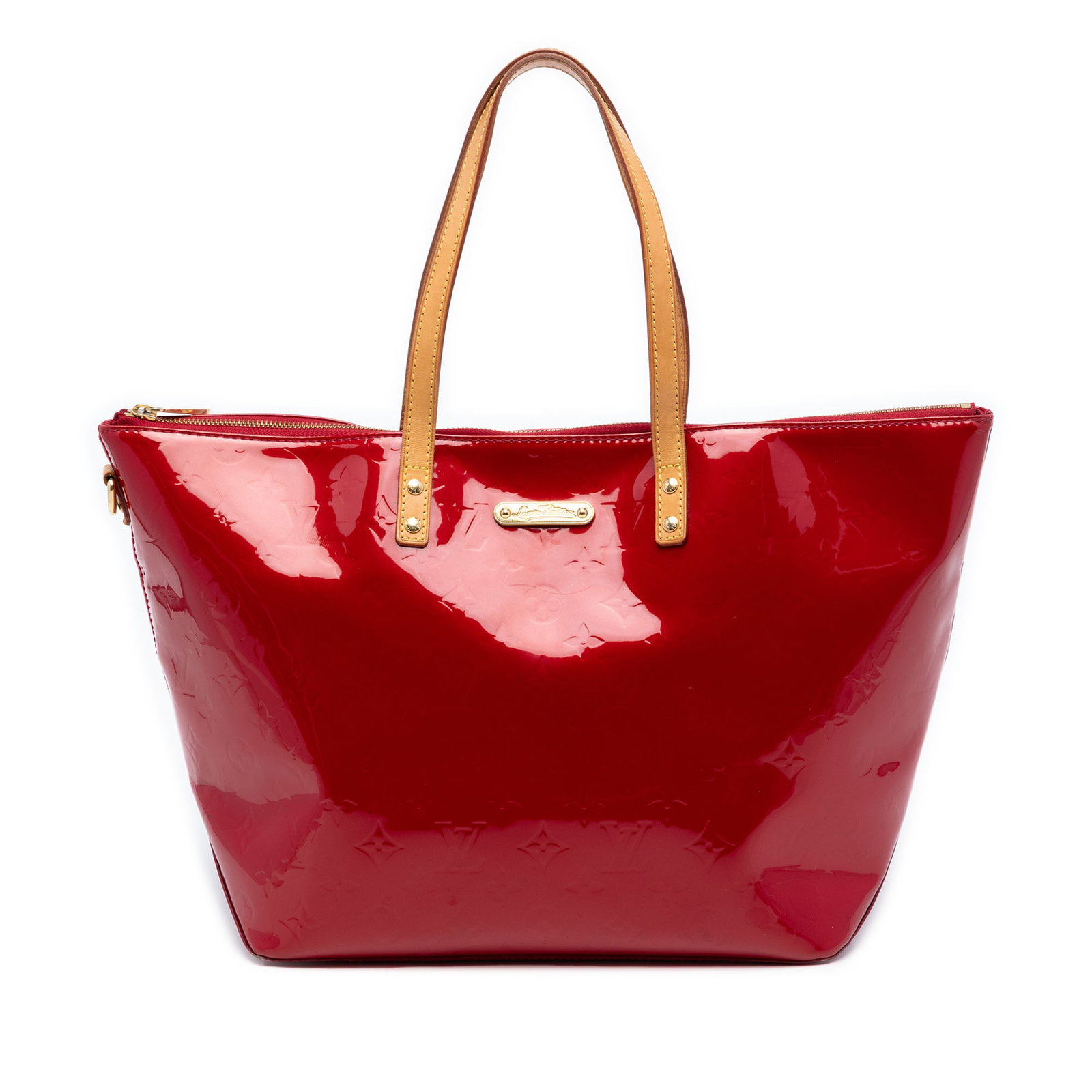 Louis Vuitton Bellevue GM Red Vernis Leather Tote with Vachetta Handles: Louis Vuitton Bellevue GM Red Vernis Leather Tote with Vachetta Handles This Louis Vuitton Monogram Vernis Bellevue GM handbag features a Vernis leather body in red, complemented by flat vachetta leat