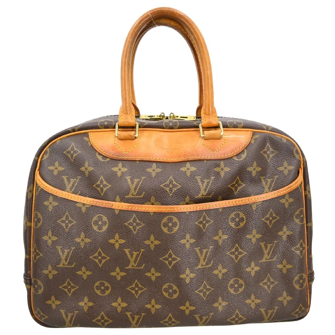 Louis Vuitton Deauville Brown Canvas Handbag: Louis Vuitton Deauville Brown Canvas Handbag Louis Vuitton Deauville in monogram canvas with brown coloring. This women's bag is in fair condition with visible wear, including scuffs and scratches, st