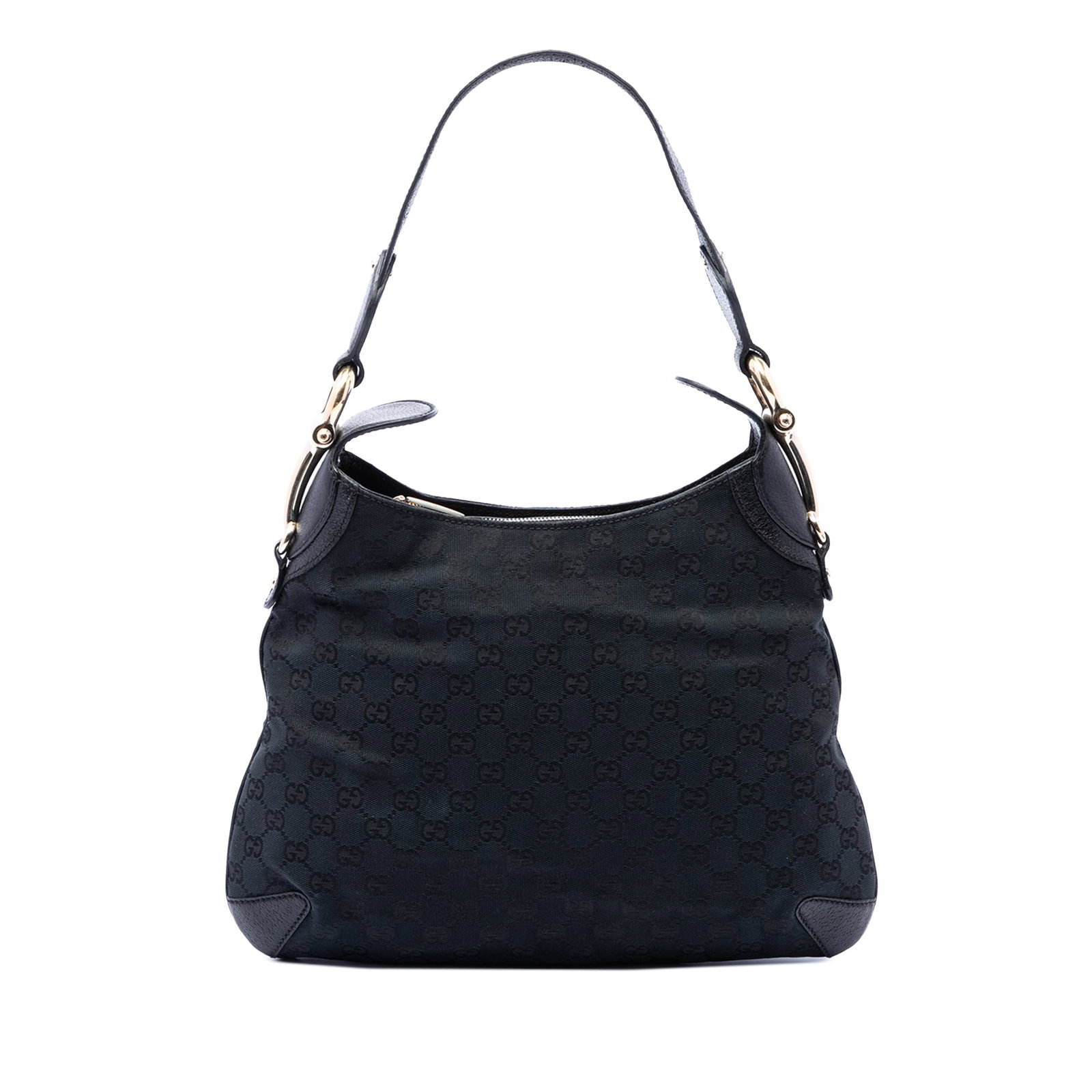 Gucci Creole Hobo Shoulder Bag GG Canvas with Horsebit Black: Gucci Creole Hobo Shoulder Bag GG Canvas with Horsebit Black Gucci GG Canvas Horsebit Creole Hobo bag crafted with a canvas body and leather trim. It features a flat leather strap, top zip closure, an