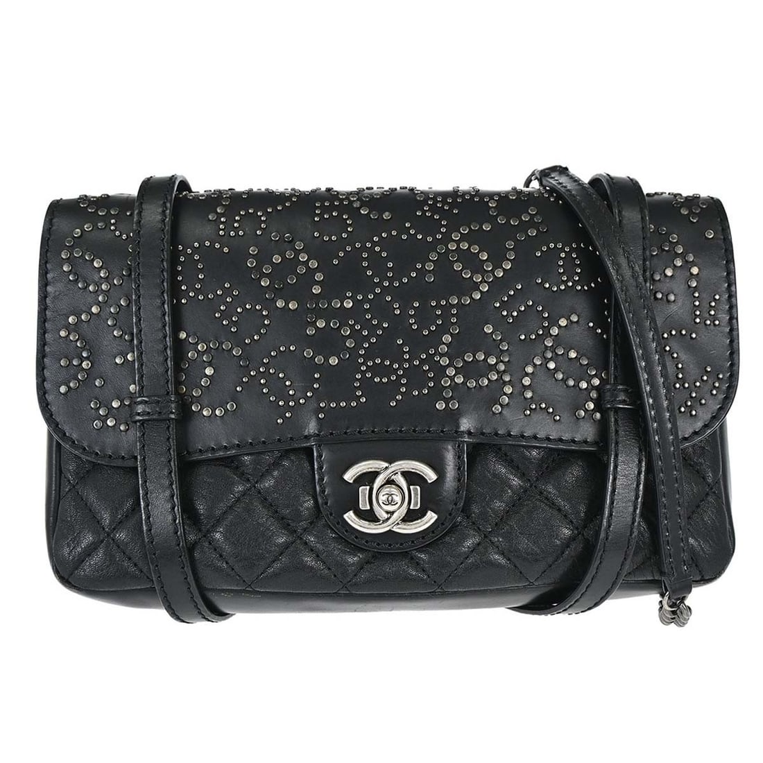 CHANEL Studded Flap Shoulder Bag Black Calfskin Matelasse (1 of 15)
