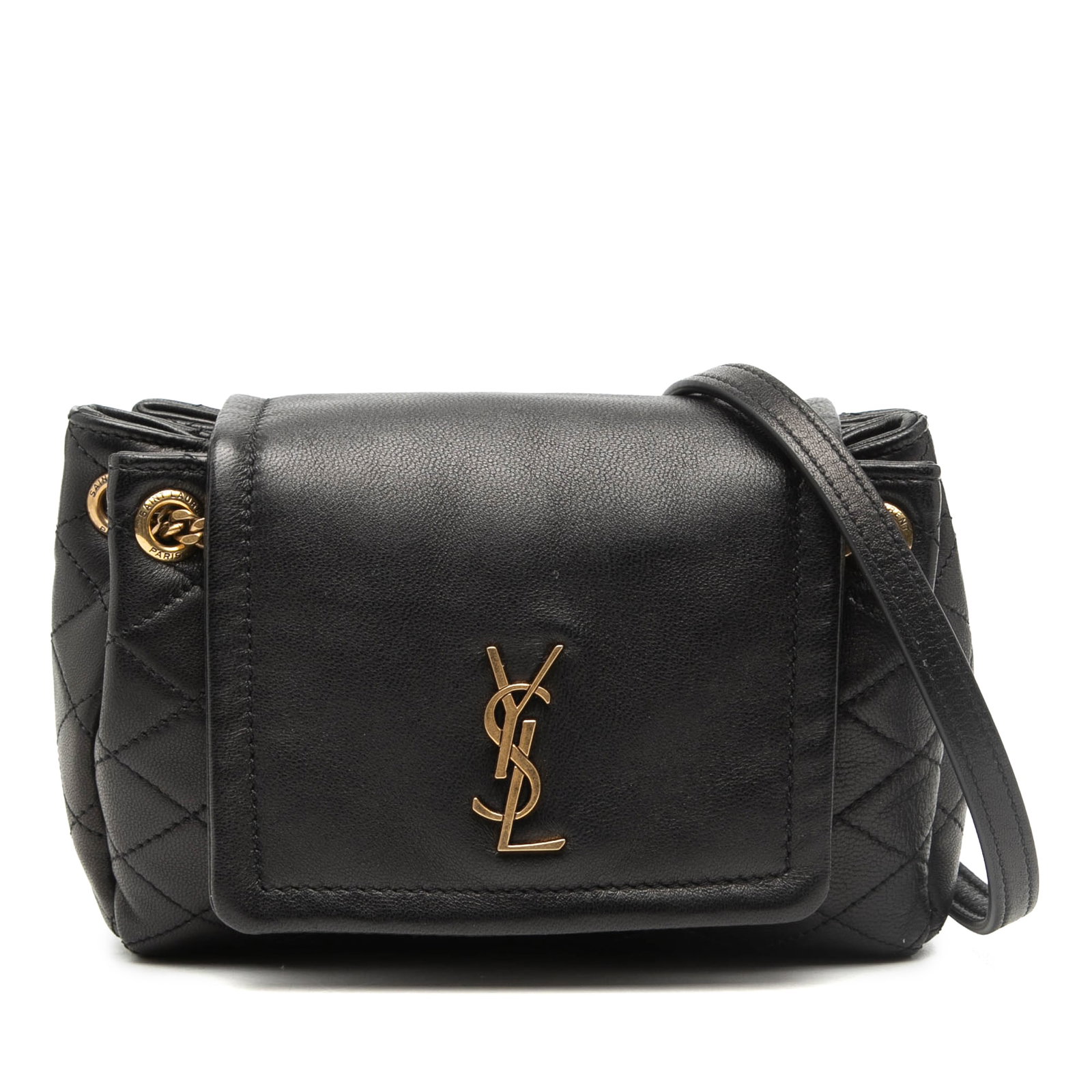 Saint Laurent Mini Nolita quilted lambskin crossbody bag: Saint Laurent Mini Nolita quilted lambskin crossbody bag This Saint Laurent Mini Quilted Lambskin Monogram Nolita Bag features a luxurious quilted lambskin leather body in black, complemented by a gol
