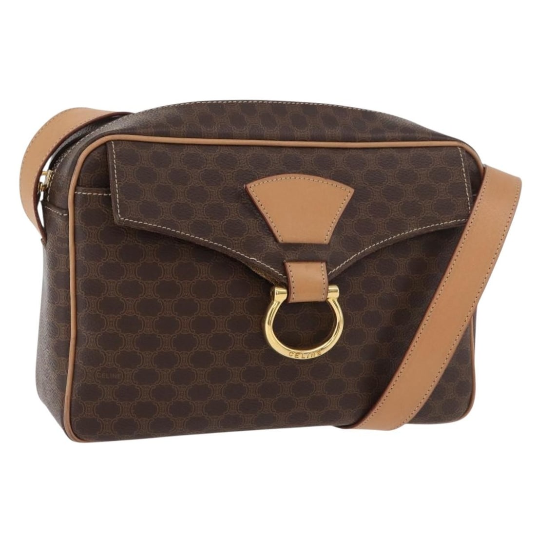 CELINE Macadam Shoulder Bag Brown PVC Leather Gold Tone: CELINE Macadam Shoulder Bag Brown PVC Leather Gold Tone Celine shoulder bag in brown Macadam canvas with PVC leather trim and gold-tone accents. Made in Italy, this women's bag includes the item shown