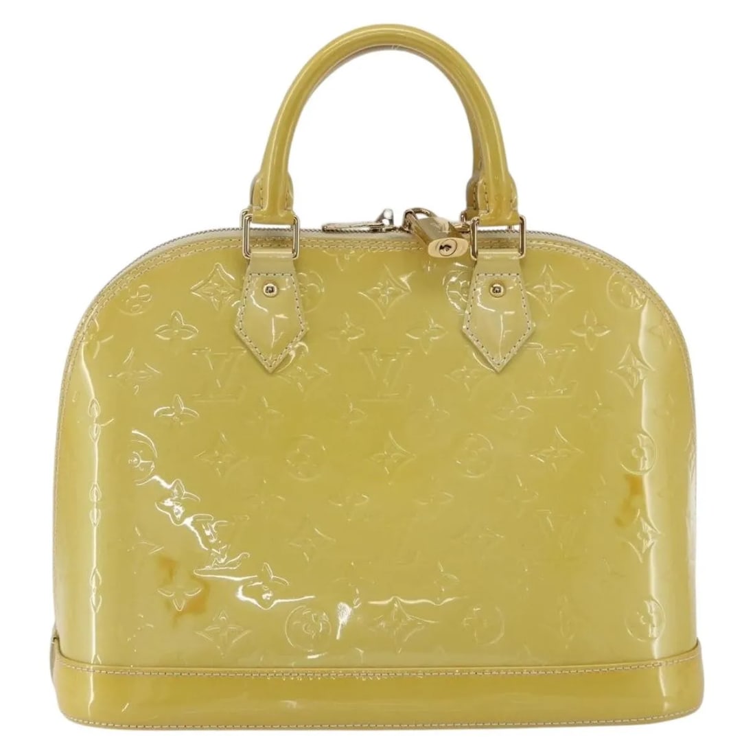 Louis Vuitton Alma Beige Patent Leather Handbag France: Louis Vuitton Alma Beige Patent Leather Handbag France The Louis Vuitton Alma Handbag in Monogram Vernis patent leather features a beige exterior with subtle signs of wear including slight rubbing, su