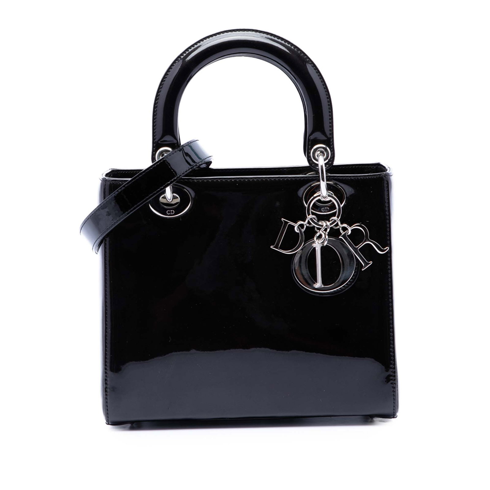 Dior Lady Dior Medium Patent Leather Handbag Black: Dior Lady Dior Medium Patent Leather Handbag Black This Medium Lady Dior bag is crafted in black patent leather and features flat top handles, a detachable flat shoulder strap, a top zip closure, and 