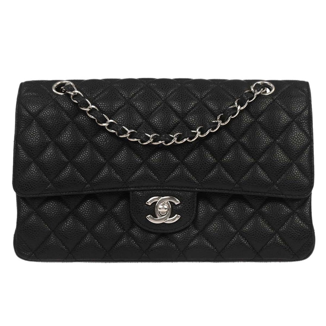 CHANEL Classic Double Flap Medium Shoulder Bag Black Calfskin: CHANEL Classic Double Flap Medium Shoulder Bag Black Calfskin Chanel Medium Classic Double Flap shoulder bag in black caviar skin leather with a turn-lock closure and shoulder strap. This women's bag 