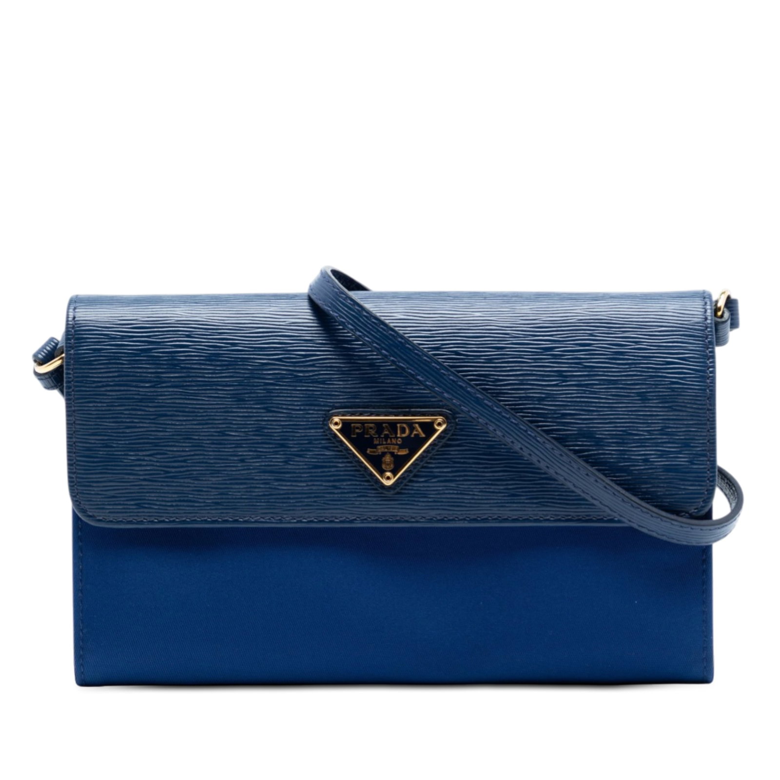 Prada Vitello Move Tessuto Blue Nylon and Leather Wallet on Strap: Prada Vitello Move Tessuto Blue Nylon and Leather Wallet on Strap This Prada Vitello Move and Tessuto wallet on strap features a blue nylon body with a flat leather strap and a leather flap secured by