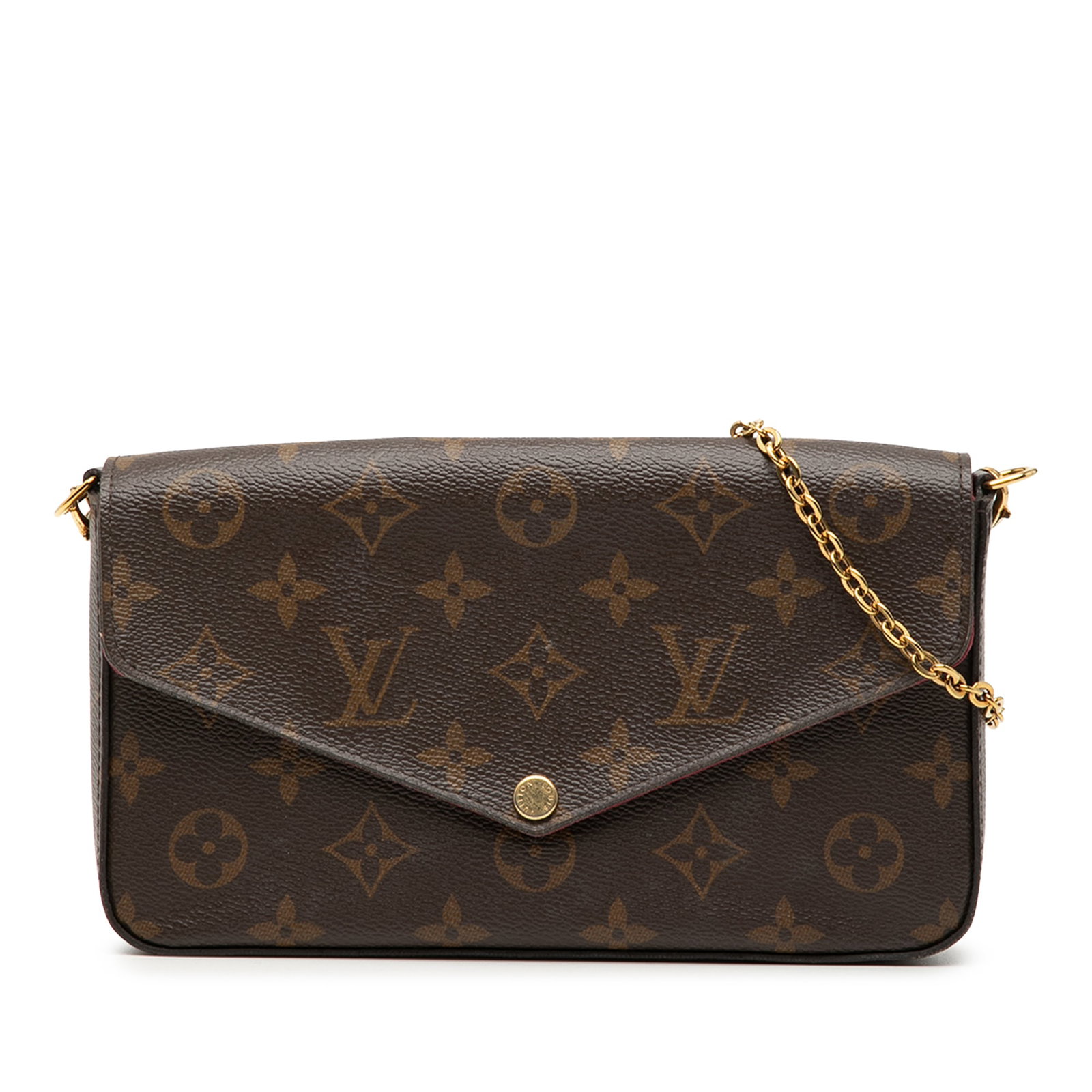 Monogram Canvas Felicie Crossbody Bag with Gold Chain by Louis Vuitton: Monogram Canvas Felicie Crossbody Bag with Gold Chain by Louis Vuitton The Louis Vuitton Monogram Pochette Felicie is a crossbody bag crafted from monogram canvas with a brown colorway. It features a 