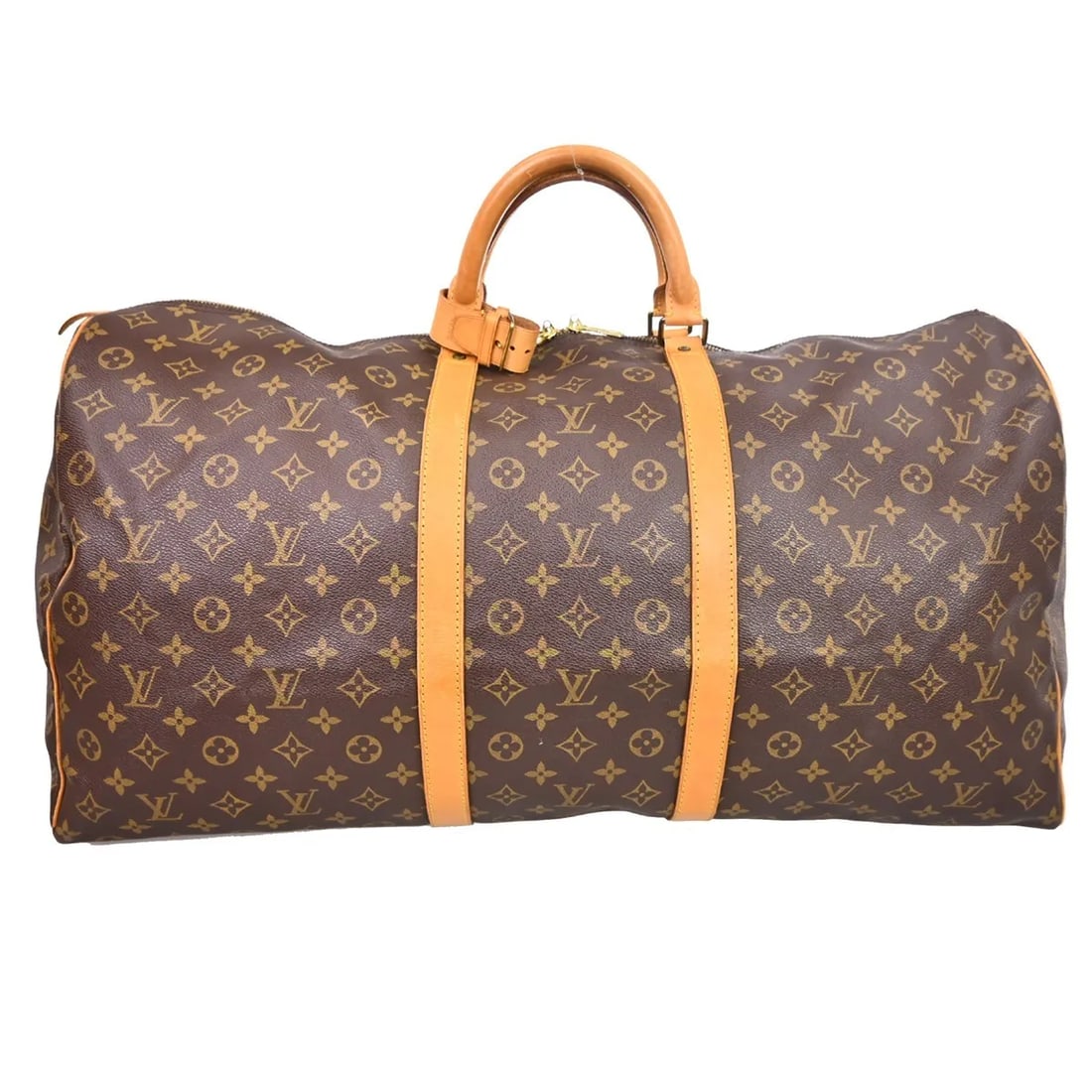 Louis Vuitton Keepall Canvas Travel Bag Brown with Handle Holder: Louis Vuitton Keepall Canvas Travel Bag Brown with Handle Holder Louis Vuitton Keepall in brown monogram canvas. This unisex travel bag is made in France and is presented in fair condition with visibl